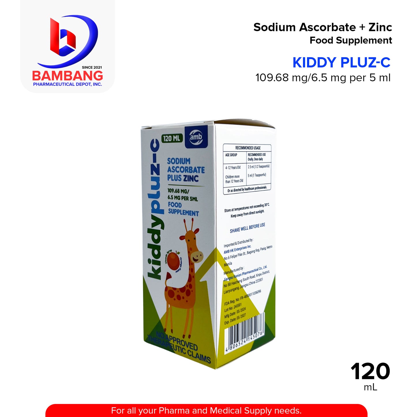 KIDDYPLUZ-C Sodium Ascorbic Plus Zinc 109.68 mg / 6.5 mg Per ML Food Supplement 120mL