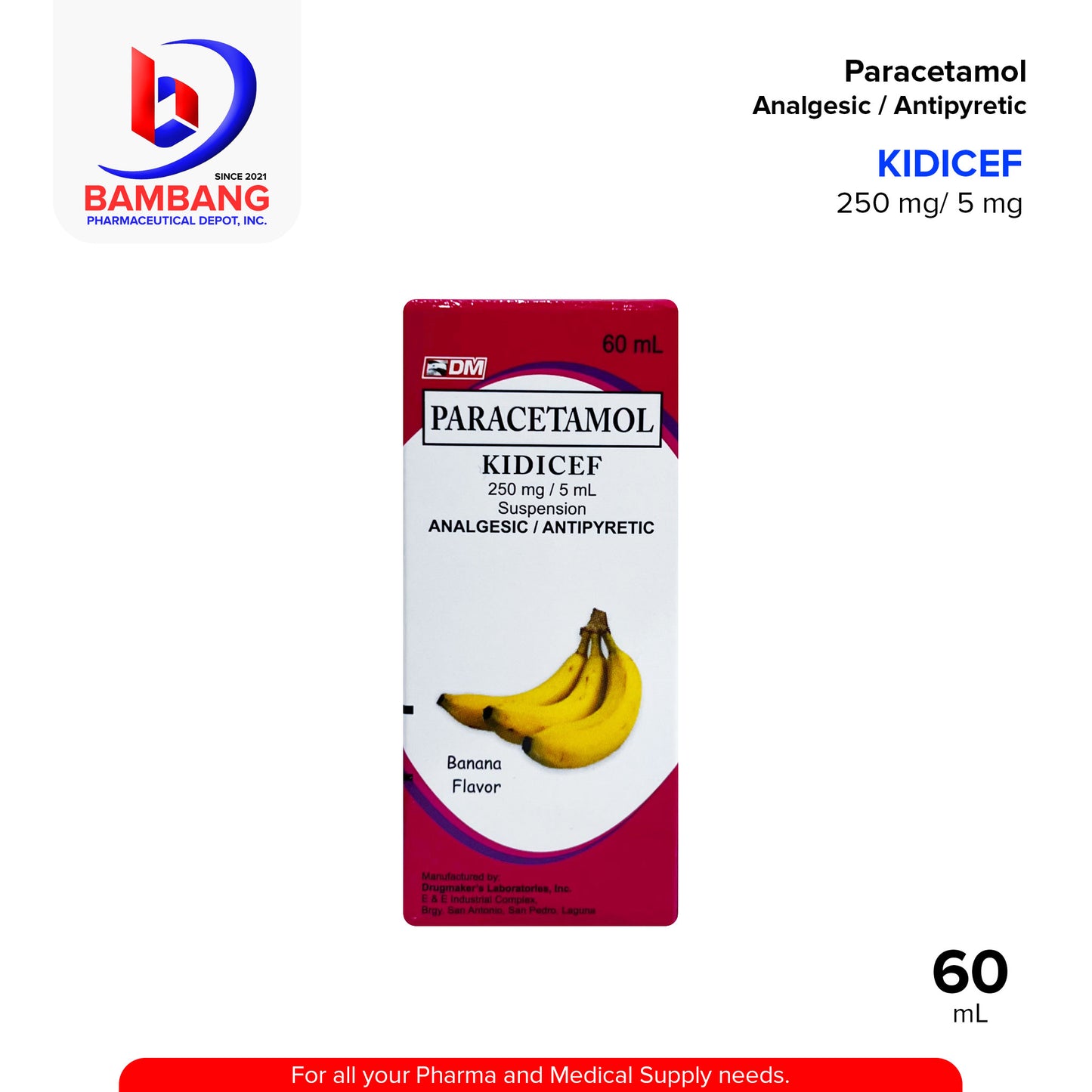 KIDICEF Paracetamol Analgesic Antipyretic 250 mg / 5 mL Suspension Banana Flavor 60mL