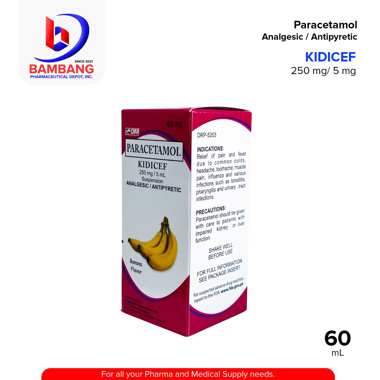 KIDICEF Paracetamol Analgesic Antipyretic 250 mg / 5 mL Suspension Banana Flavor 60mL