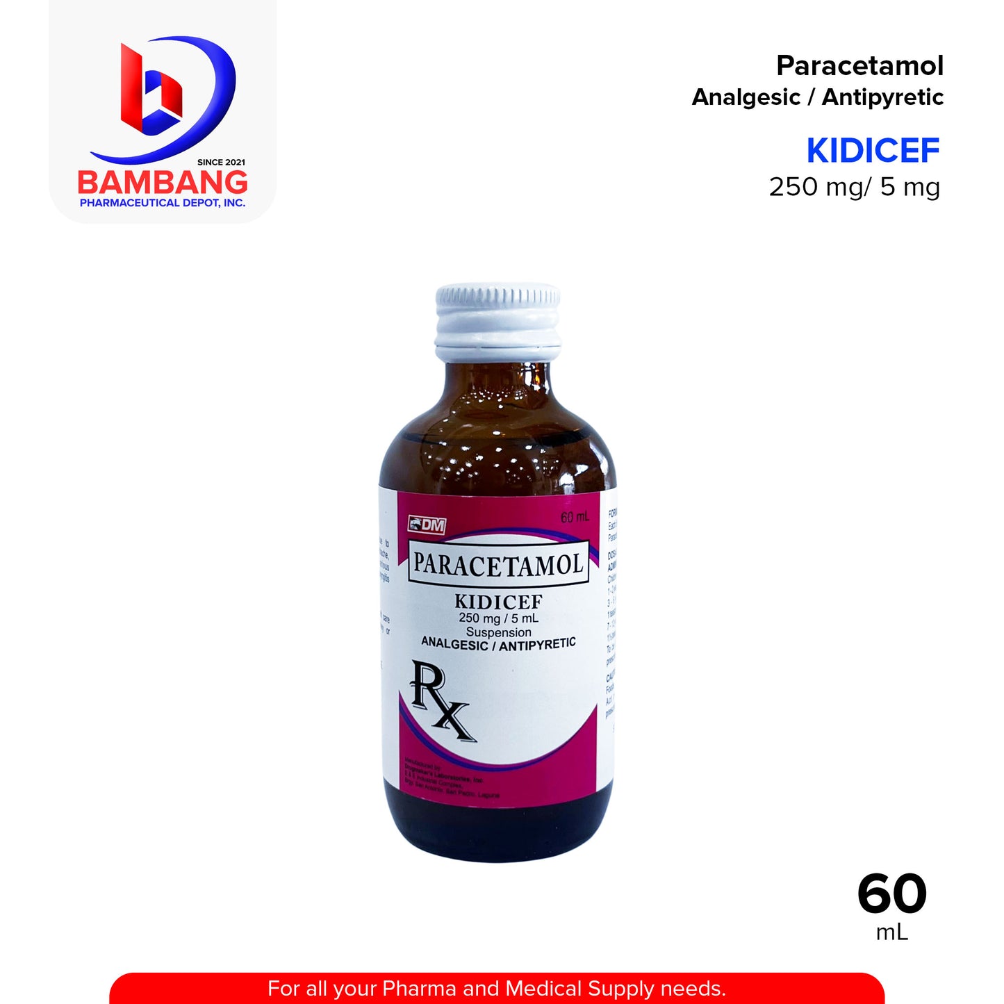KIDICEF Paracetamol Analgesic Antipyretic 250 mg / 5 mL Suspension Banana Flavor 60mL