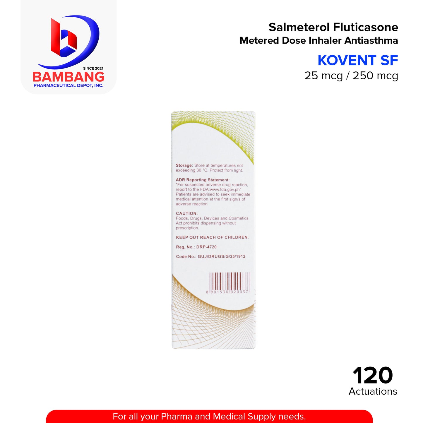 KOVENT SF Salmeterol Fluticasone 25 mcg 250 mcg Metered Dose Inhaler Anti Asthma Actuations 120's