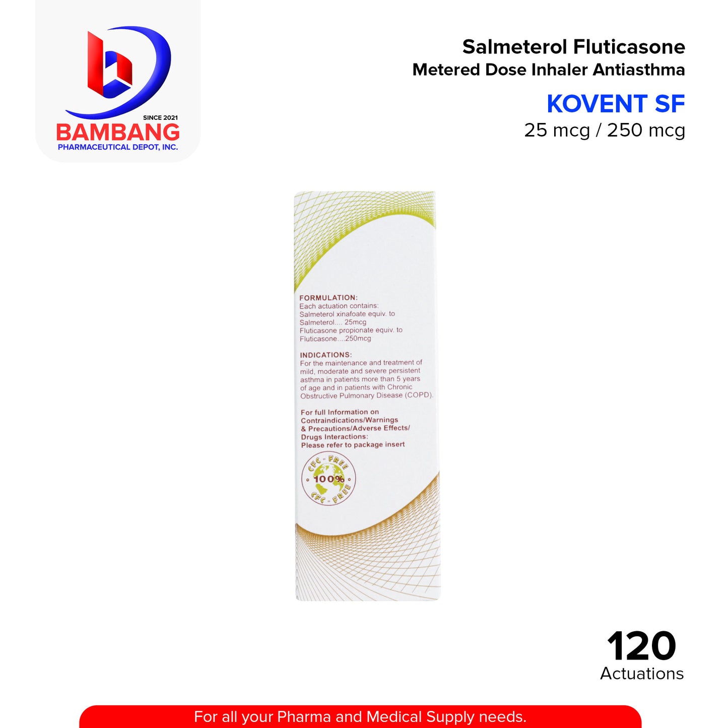 KOVENT SF Salmeterol Fluticasone 25 mcg 250 mcg Metered Dose Inhaler Anti Asthma Actuations 120's