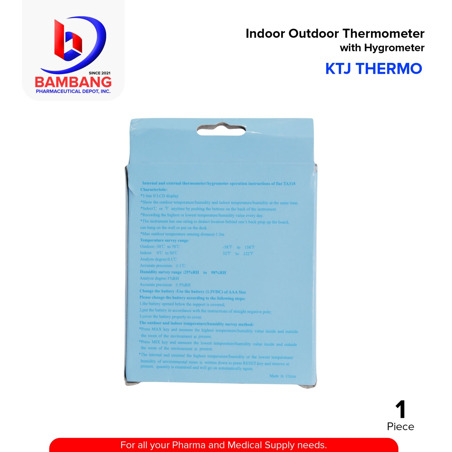KTJ Thermo Indoor Outdoor Thermometer with Hygrometer TA318