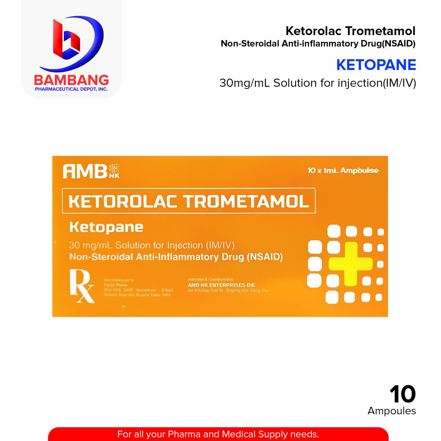 KETOPANE Ketorolac Trometamol 30mg/ml Solution for Injection (I.M/I.V) Non Steroidal Anti Inflamatory Drugs 10 x 1ml Ampoules