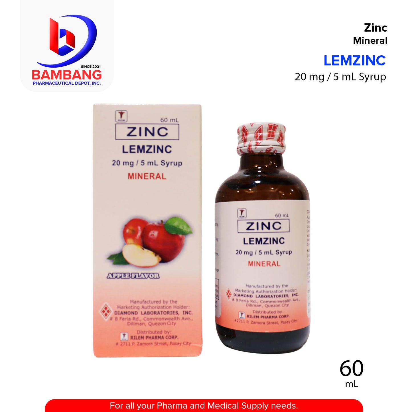 LEMZINC Zinc Mineral Syrup Apple Flavor 20 mg / 5 mL Syrup