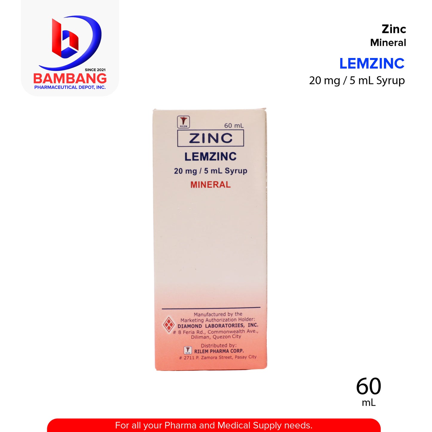 LEMZINC Zinc Mineral Syrup Apple Flavor 20 mg / 5 mL Syrup