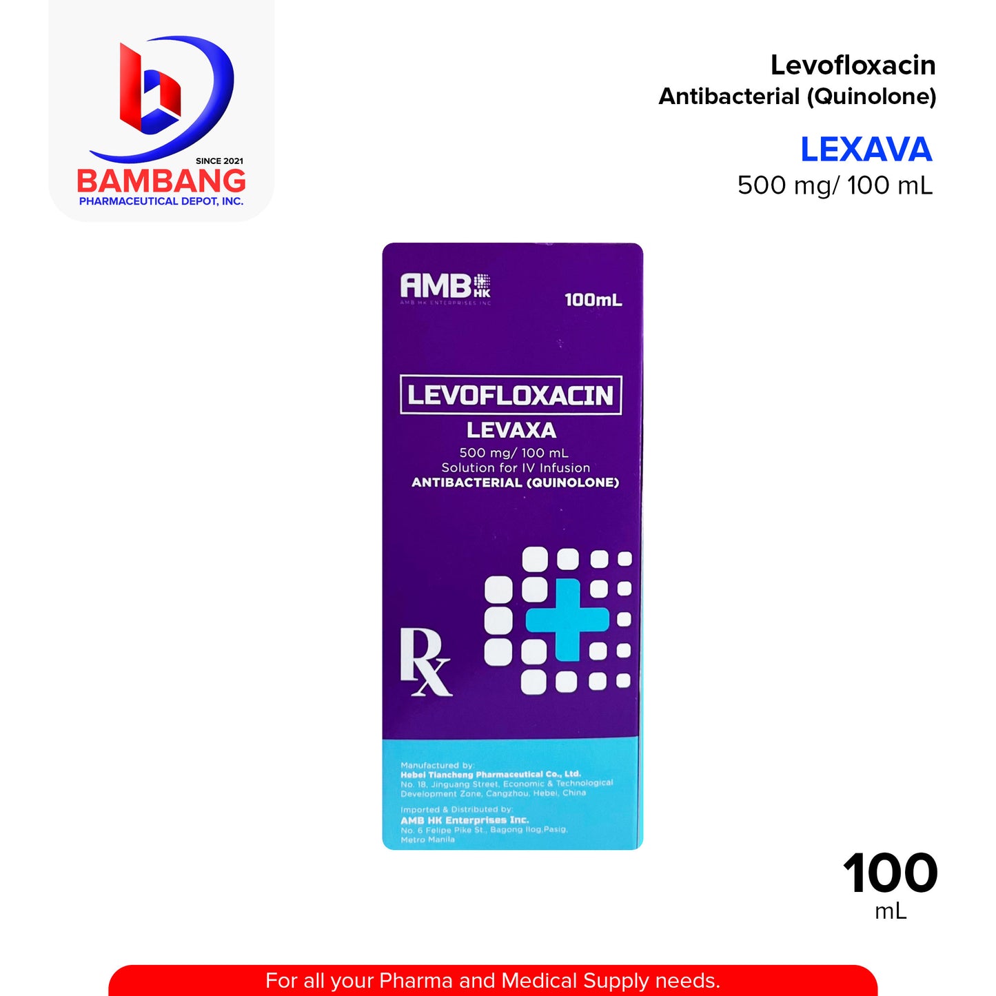 LEVAXA Levofloxacin 500 mg / 100 mL Solution for IV Infusion Antibacterial Quinolone 100mL