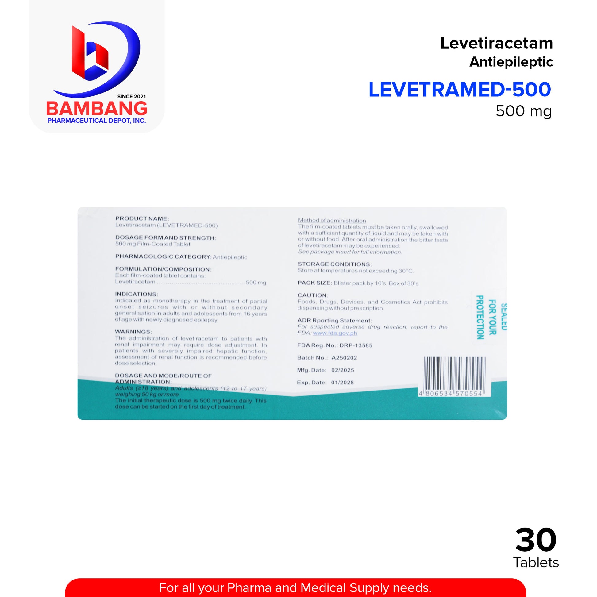 LEVETRAMED 500 Levetiracetam Anti Epileptic 500mg Film Coated Tablet 30's