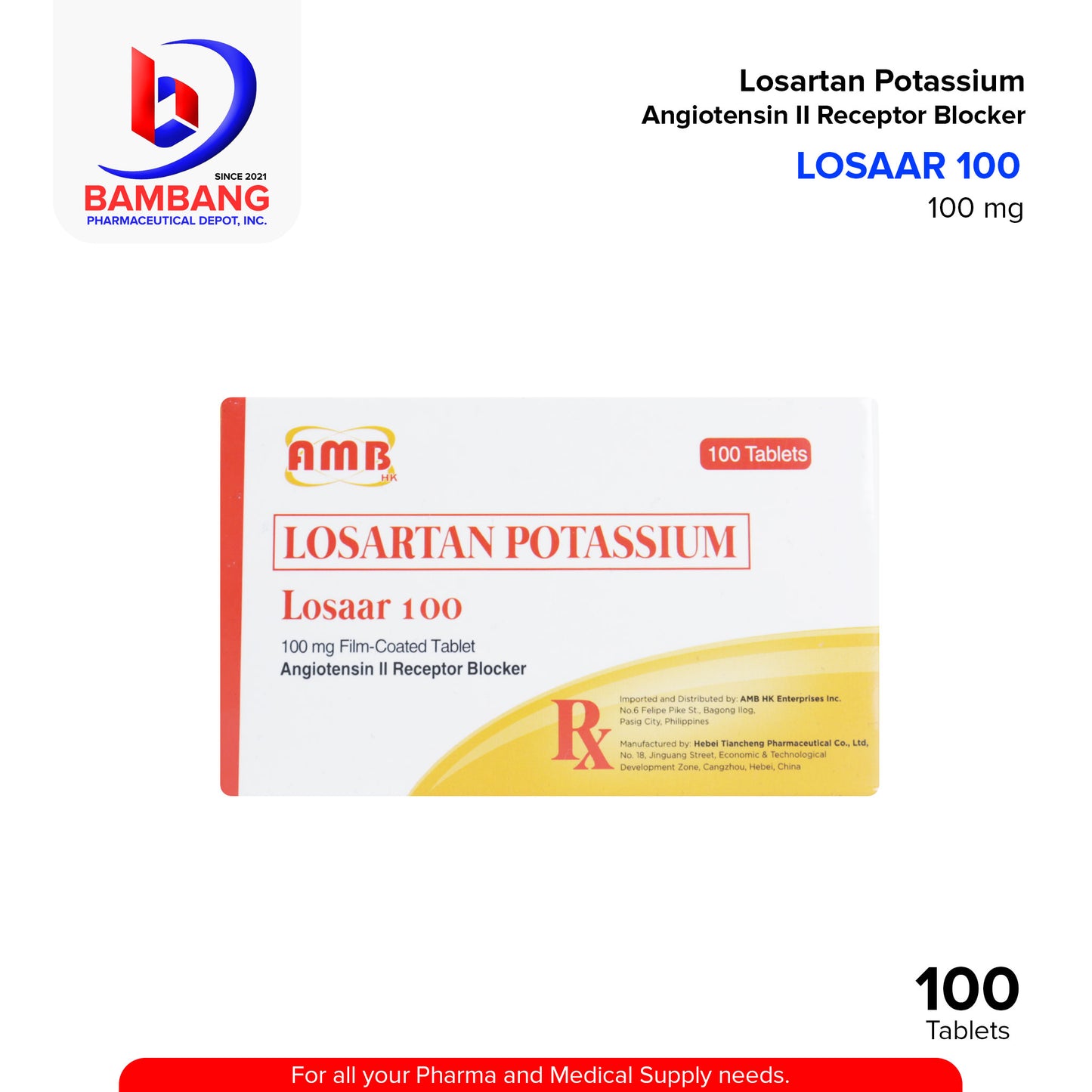 LOSAAR 100 Losartan Potassium 100mg Film Coated Tablet 100's