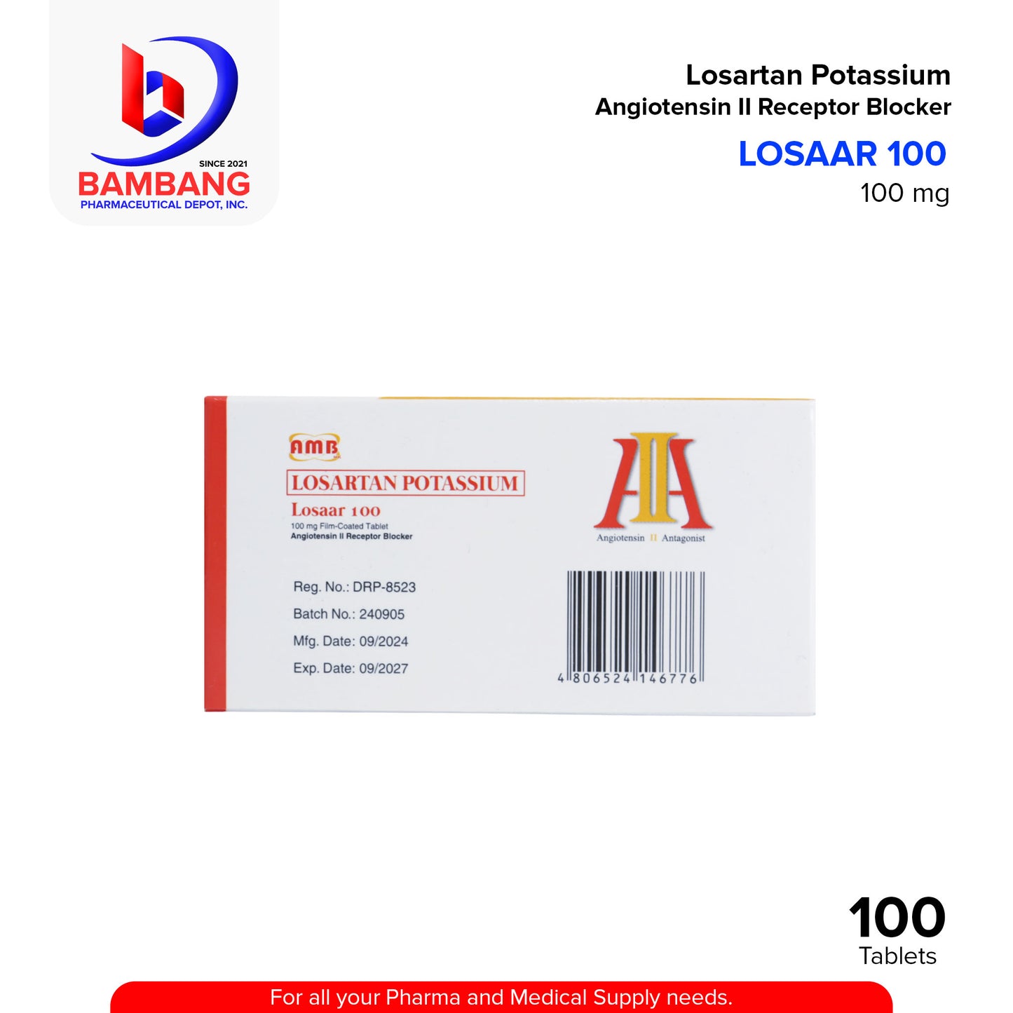 LOSAAR 100 Losartan Potassium 100mg Film Coated Tablet 100's