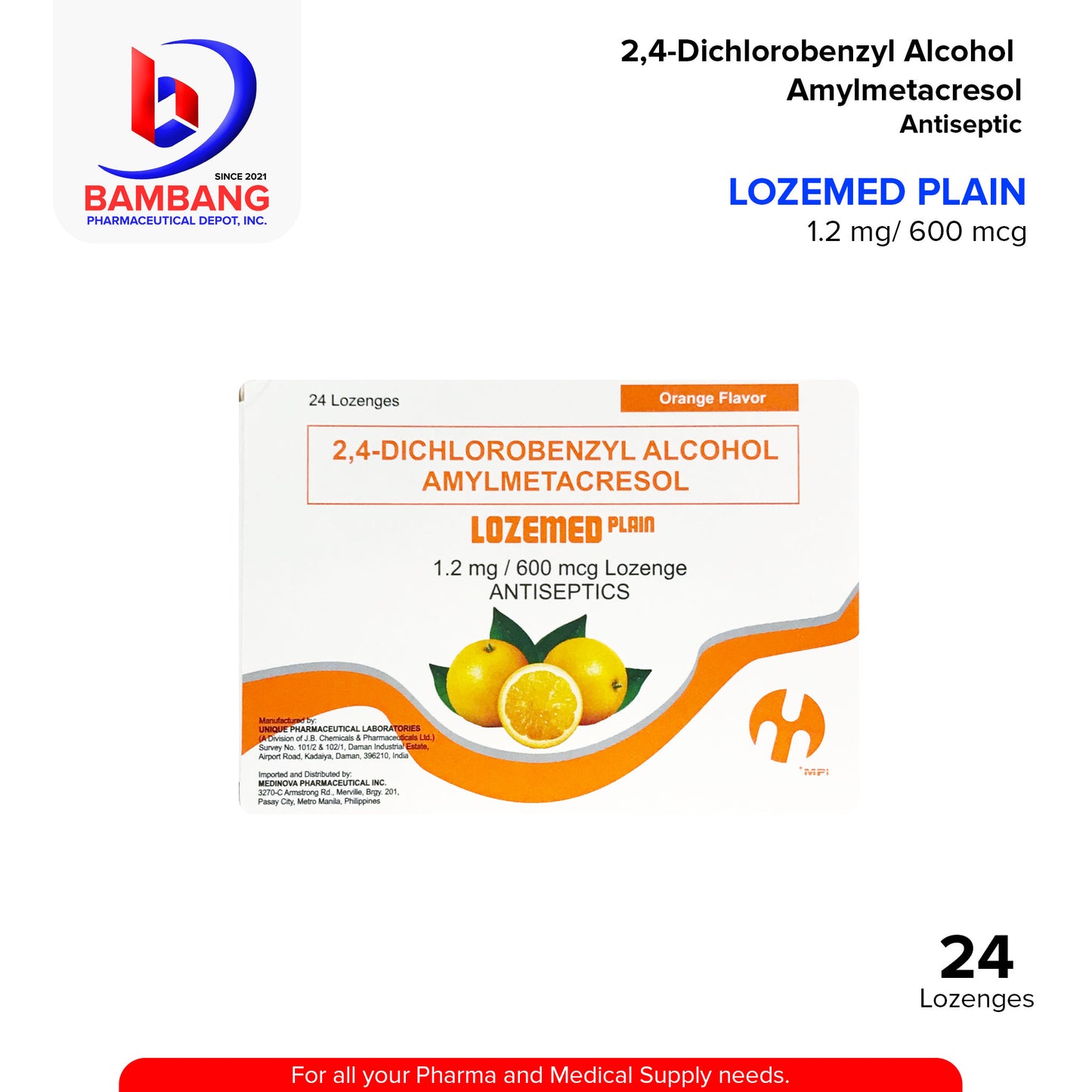 LOZEMED Plain 2,-4 Dichlorobenzyl Alcohol Amylmetacresol 1.2 mg / 600 mcg Lozenge Anticeptics Orange Flavor 24's