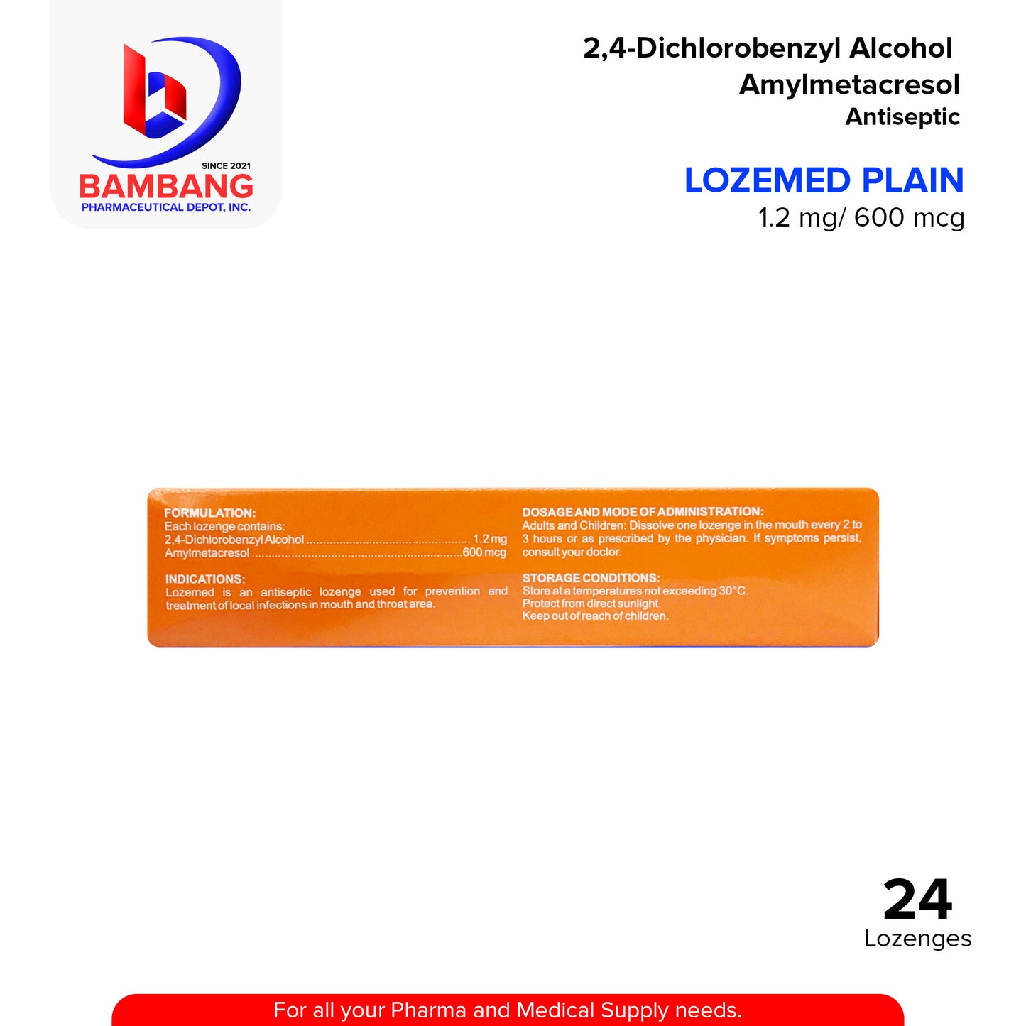 LOZEMED Plain 2,-4 Dichlorobenzyl Alcohol Amylmetacresol 1.2 mg / 600 mcg Lozenge Anticeptics Orange Flavor 24's