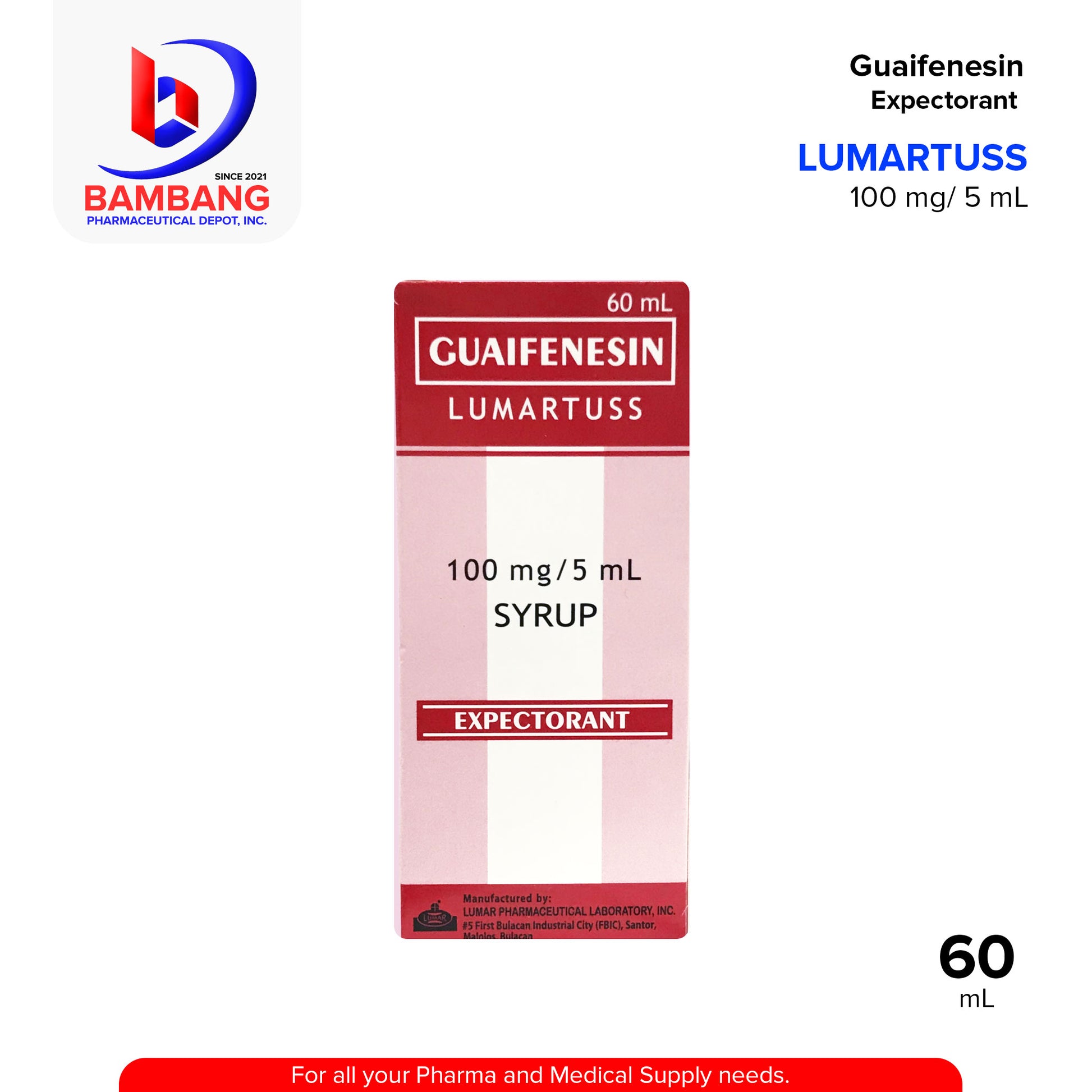 LUMARTUSS Guaifenesin Syrup Expectorant Cherry Flavor 60mL
