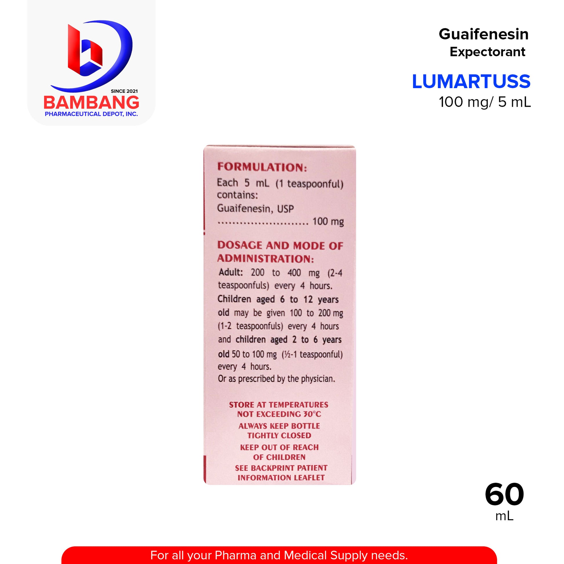 LUMARTUSS Guaifenesin Syrup Expectorant Cherry Flavor 60mL