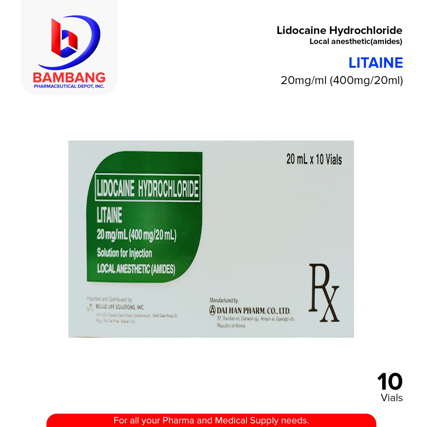 LITAINE Lidocaine Hydrochloride 20mg/ml (400mg/20ml) Solution for Injection 20ml x 10 Vials