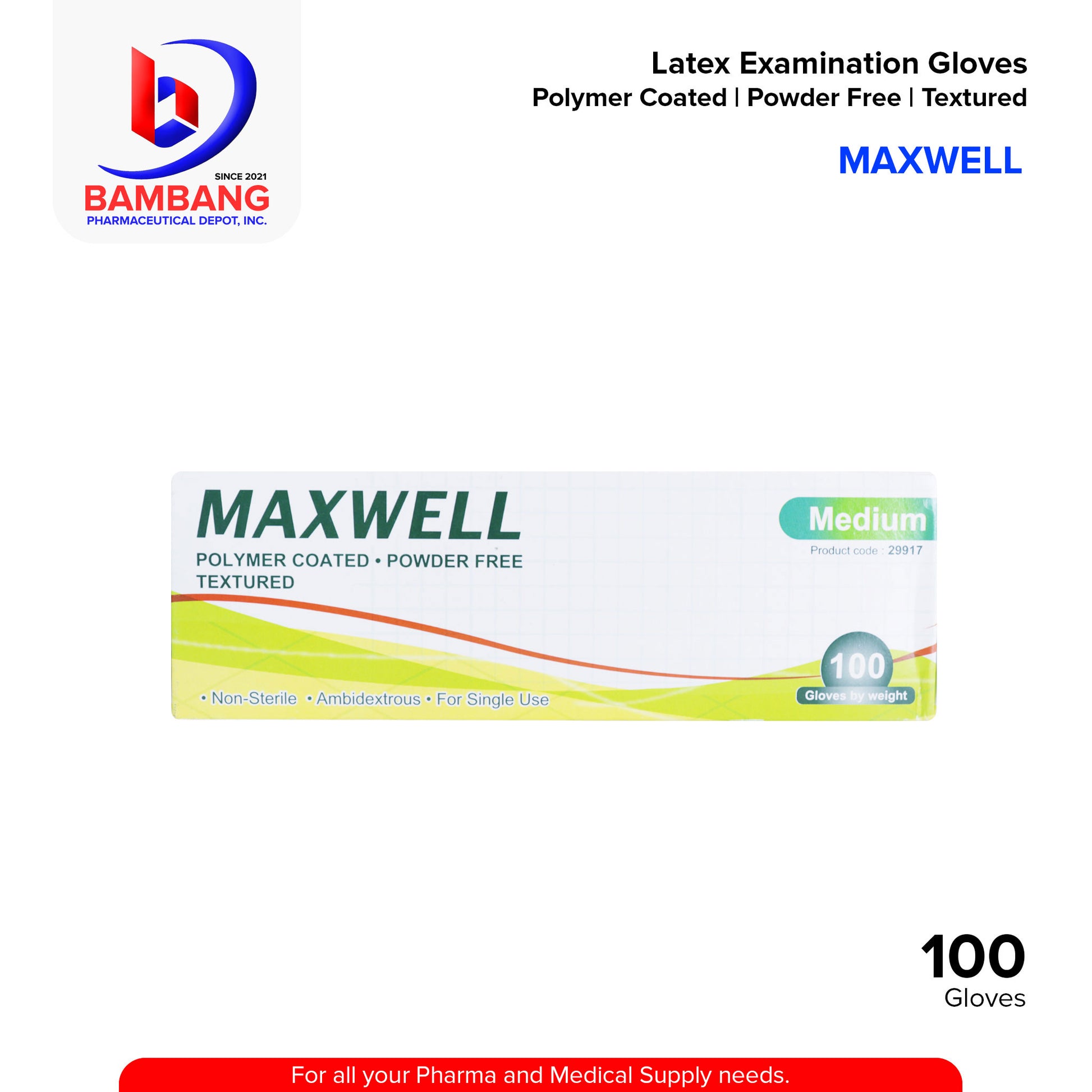 MAXWELL Latex Examination Gloves Polymer Coated Powder Free Textured