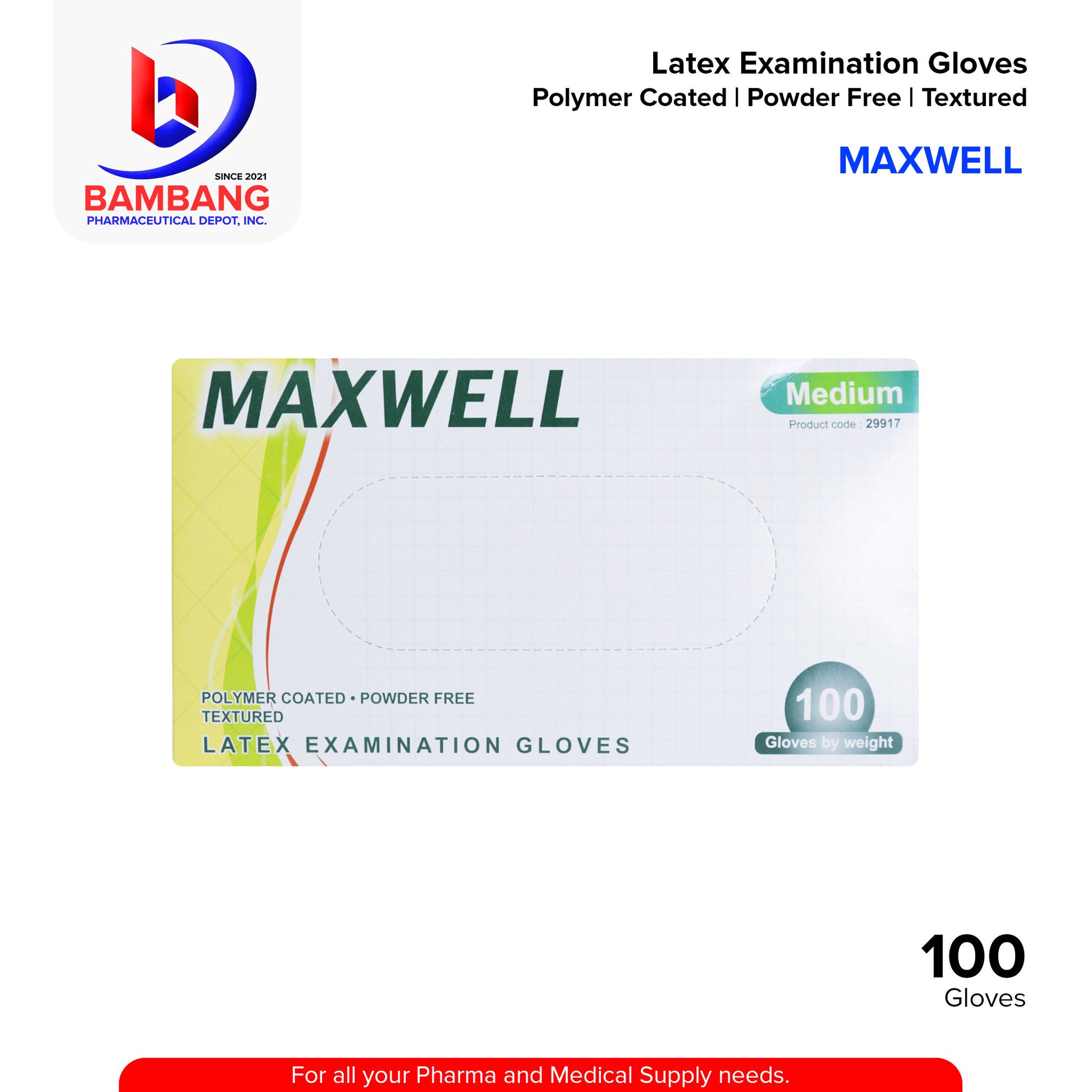 MAXWELL Latex Examination Gloves Polymer Coated Powder Free Textured
