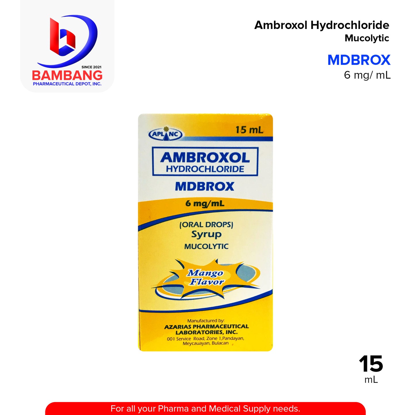 MDBROX Ambroxol Hydrochloride 6 mg / mL Oral Drops Syrup Mucolytic Mango Flavor 15mL