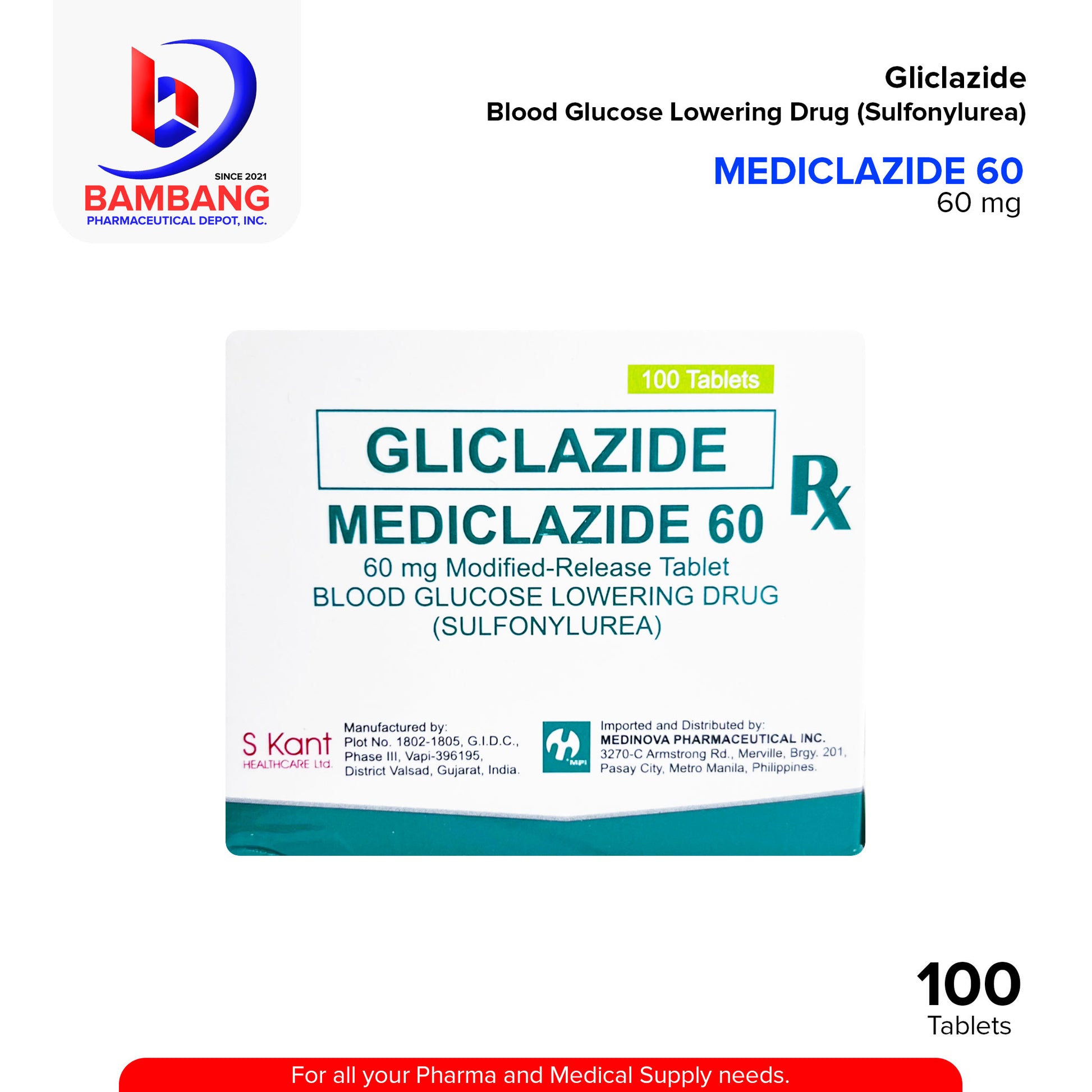 MEDICLAZIDE 60 Gliclazide Blood Glucose Lowering Drug Sulfonylurea Modified Release Tablet 100's