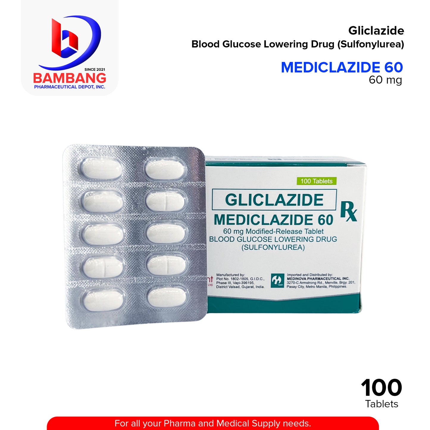 MEDICLAZIDE 60 Gliclazide Blood Glucose Lowering Drug Sulfonylurea Modified Release Tablet 100's