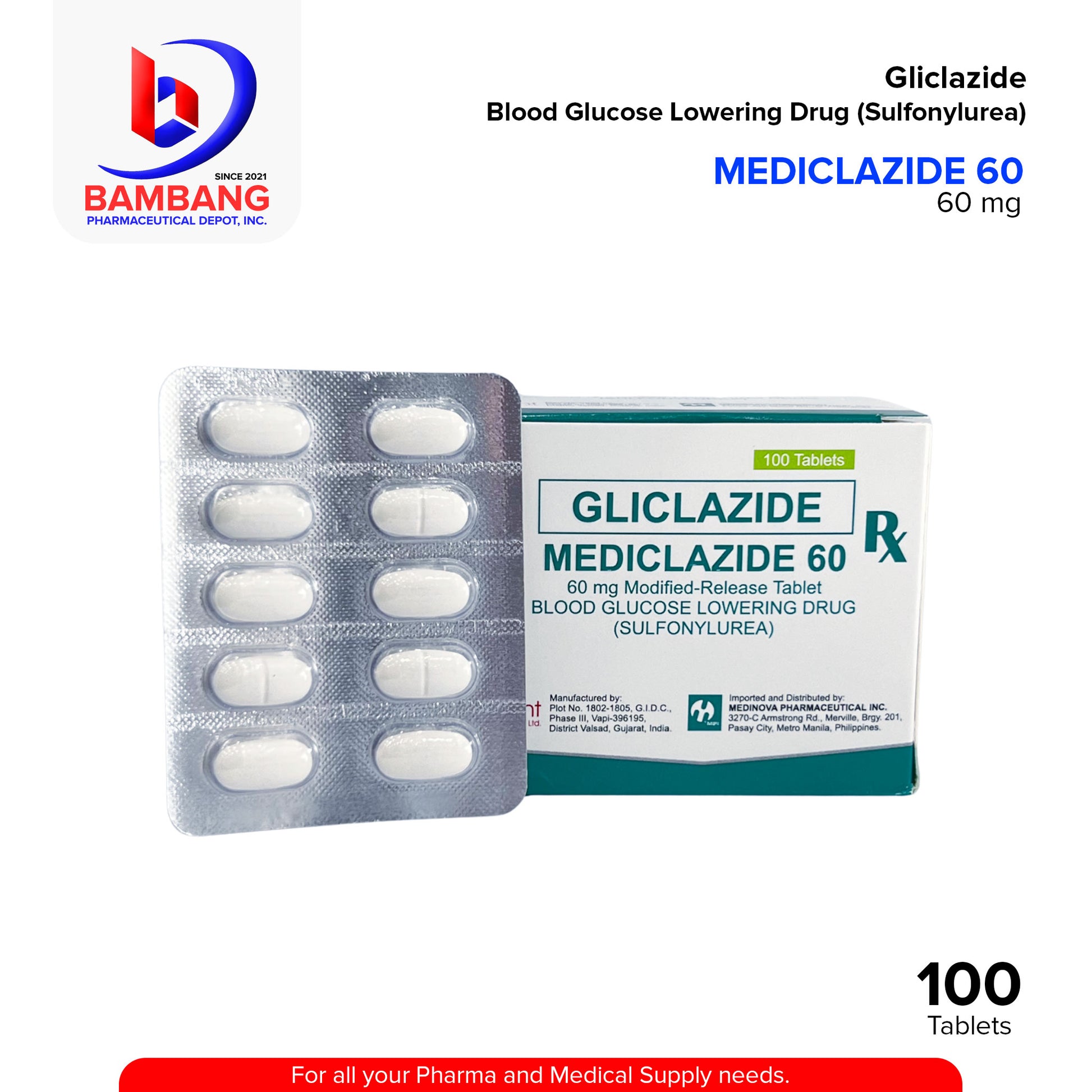 MEDICLAZIDE 60 Gliclazide Blood Glucose Lowering Drug Sulfonylurea Modified Release Tablet 100's