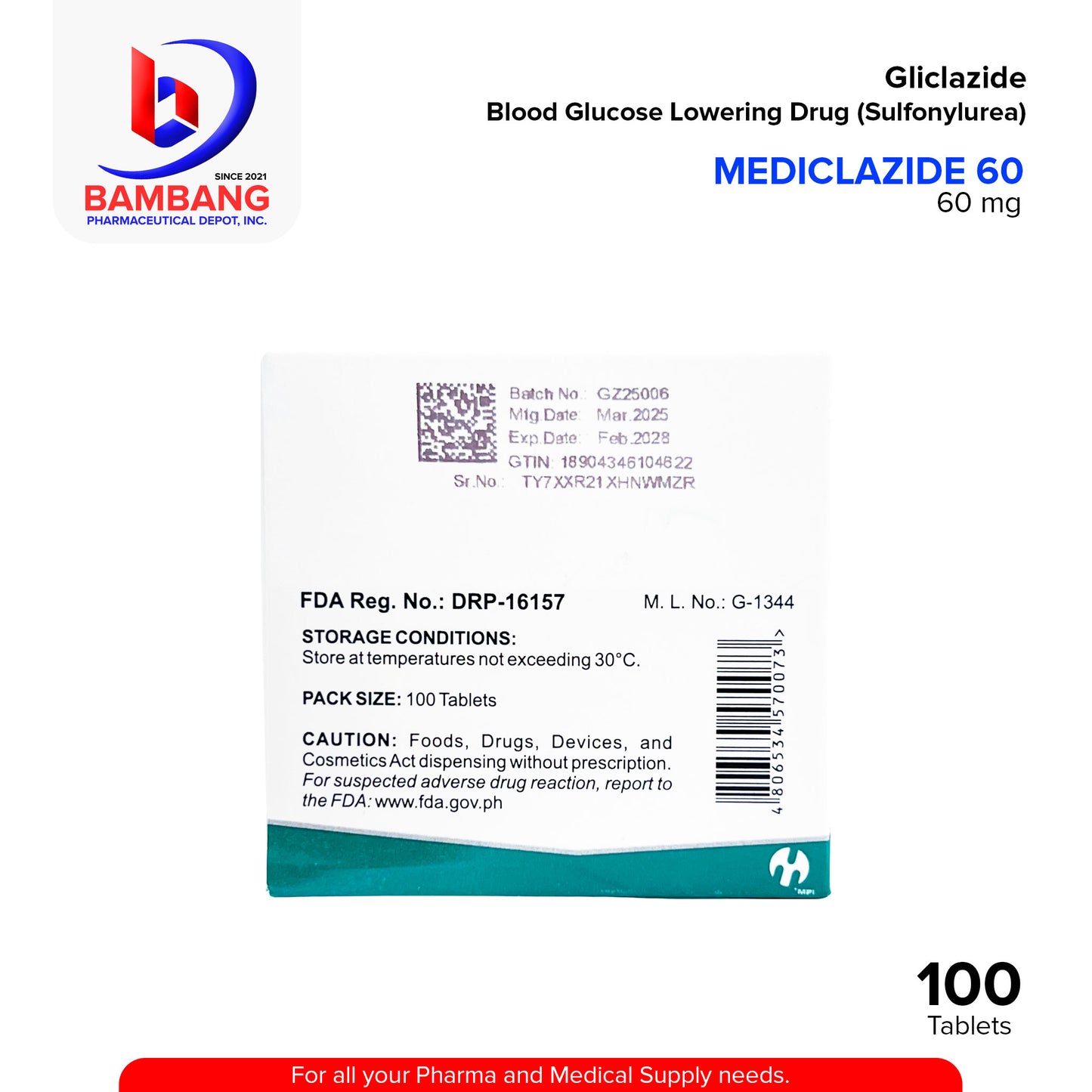 MEDICLAZIDE 60 Gliclazide Blood Glucose Lowering Drug Sulfonylurea Modified Release Tablet 100's