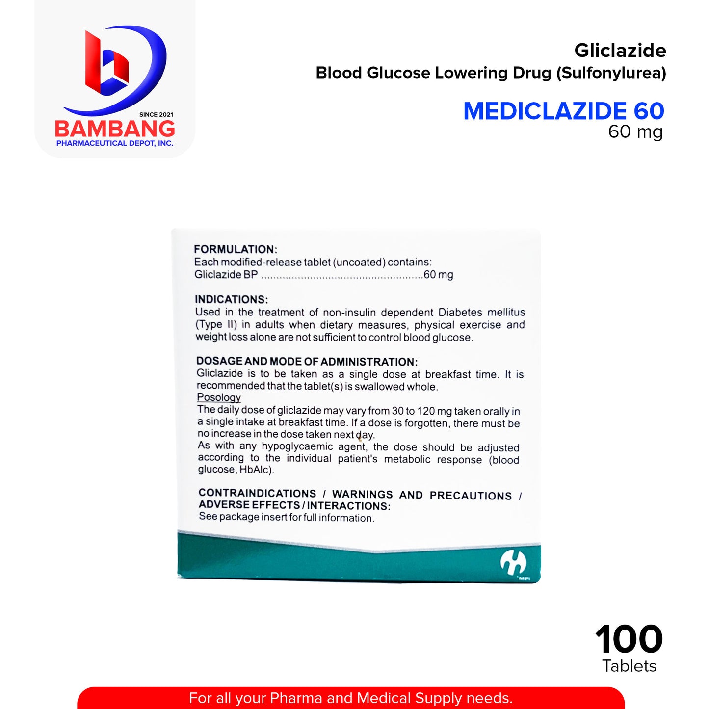 MEDICLAZIDE 60 Gliclazide Blood Glucose Lowering Drug Sulfonylurea Modified Release Tablet 100's
