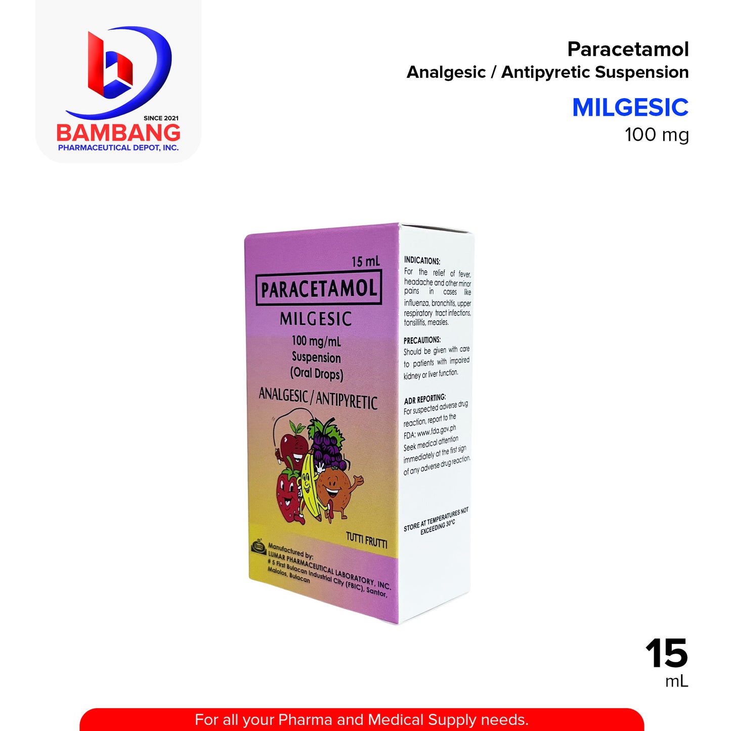 MILGESIC Paracetamol Analgesic / Antipyretic Suspension Oral Drops 15mL