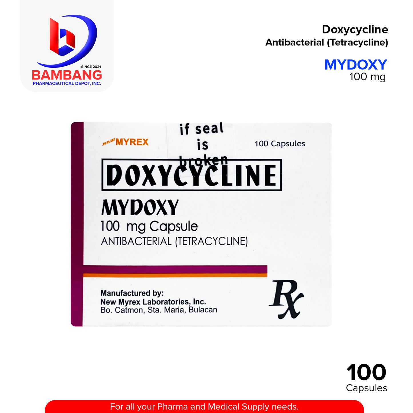 MYDOXY Doxycycline Antibacterial Tetracycline 100 mg Capsule 100's
