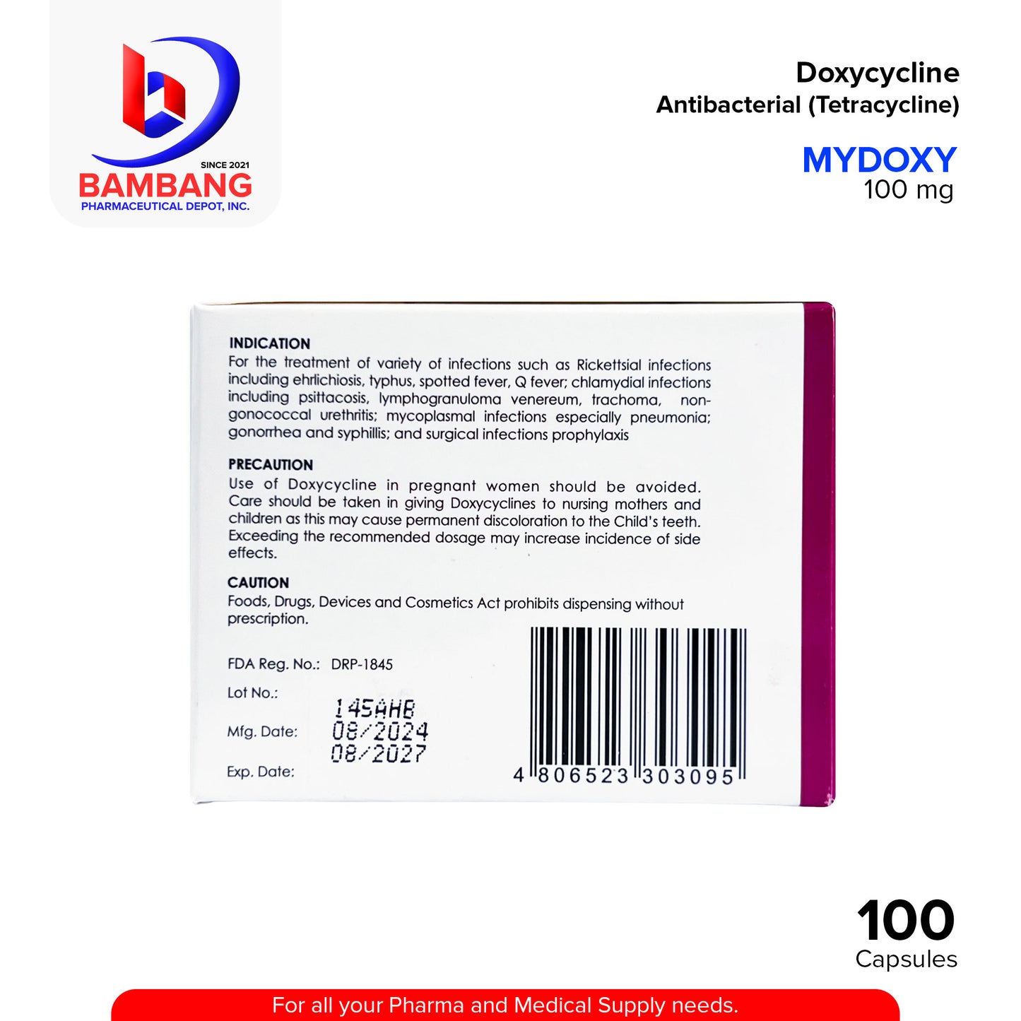 MYDOXY Doxycycline Antibacterial Tetracycline 100 mg Capsule 100's