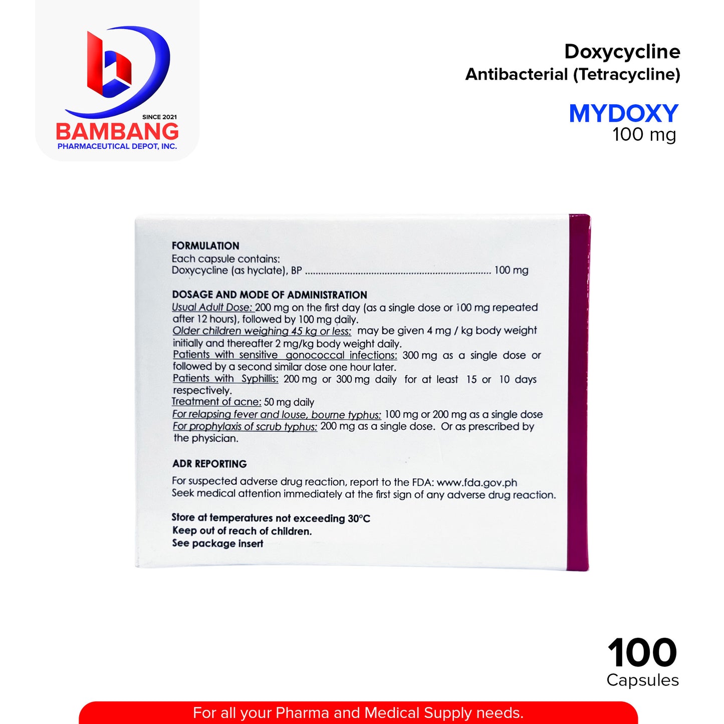 MYDOXY Doxycycline Antibacterial Tetracycline 100 mg Capsule 100's