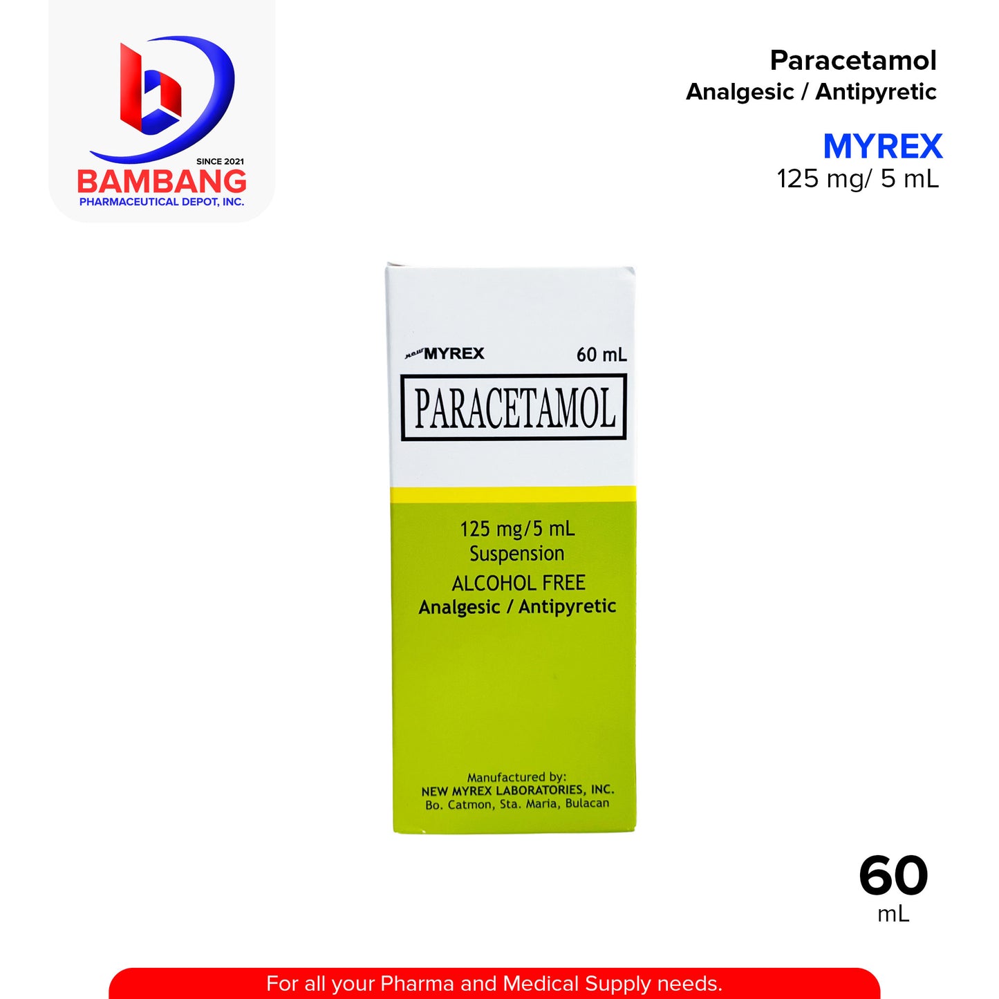 MYREX Paracetamol Suspension Alcohol Free Analgesic Antipyretic 125 mg / 5 mL 60 mL
