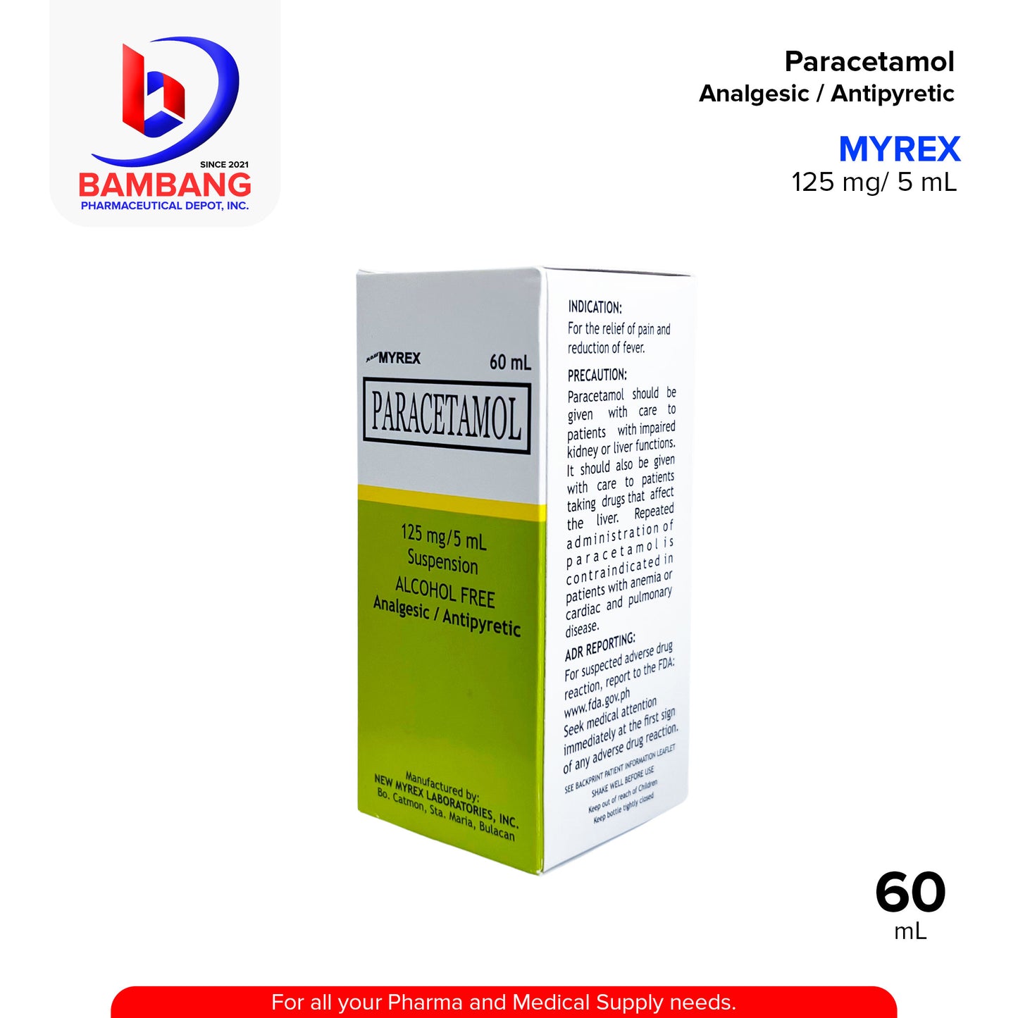 MYREX Paracetamol Suspension Alcohol Free Analgesic Antipyretic 125 mg / 5 mL 60 mL
