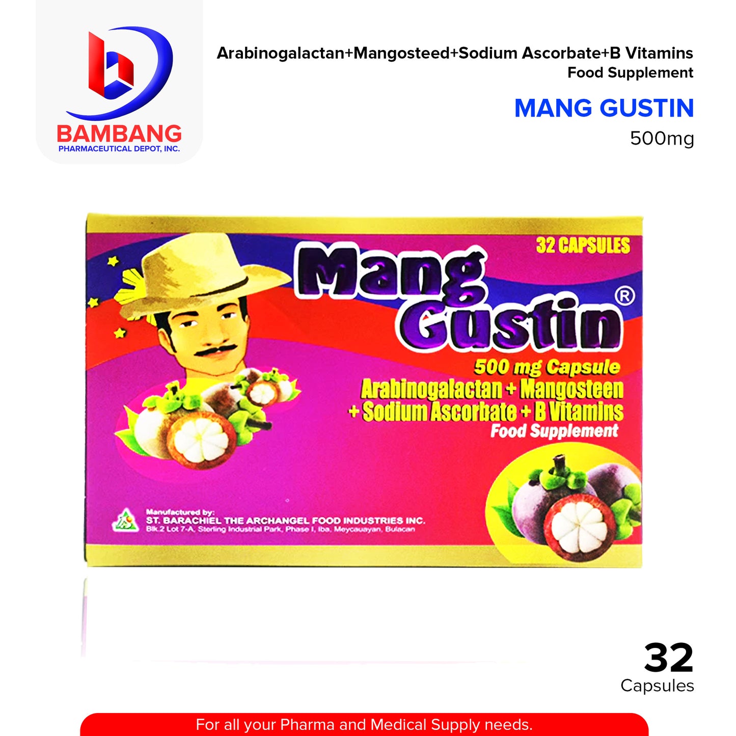 MANG GUSTIN Arabinogalactan Mangosteen Sodium Ascorbate B Vitamins 500mg Capsule 32's