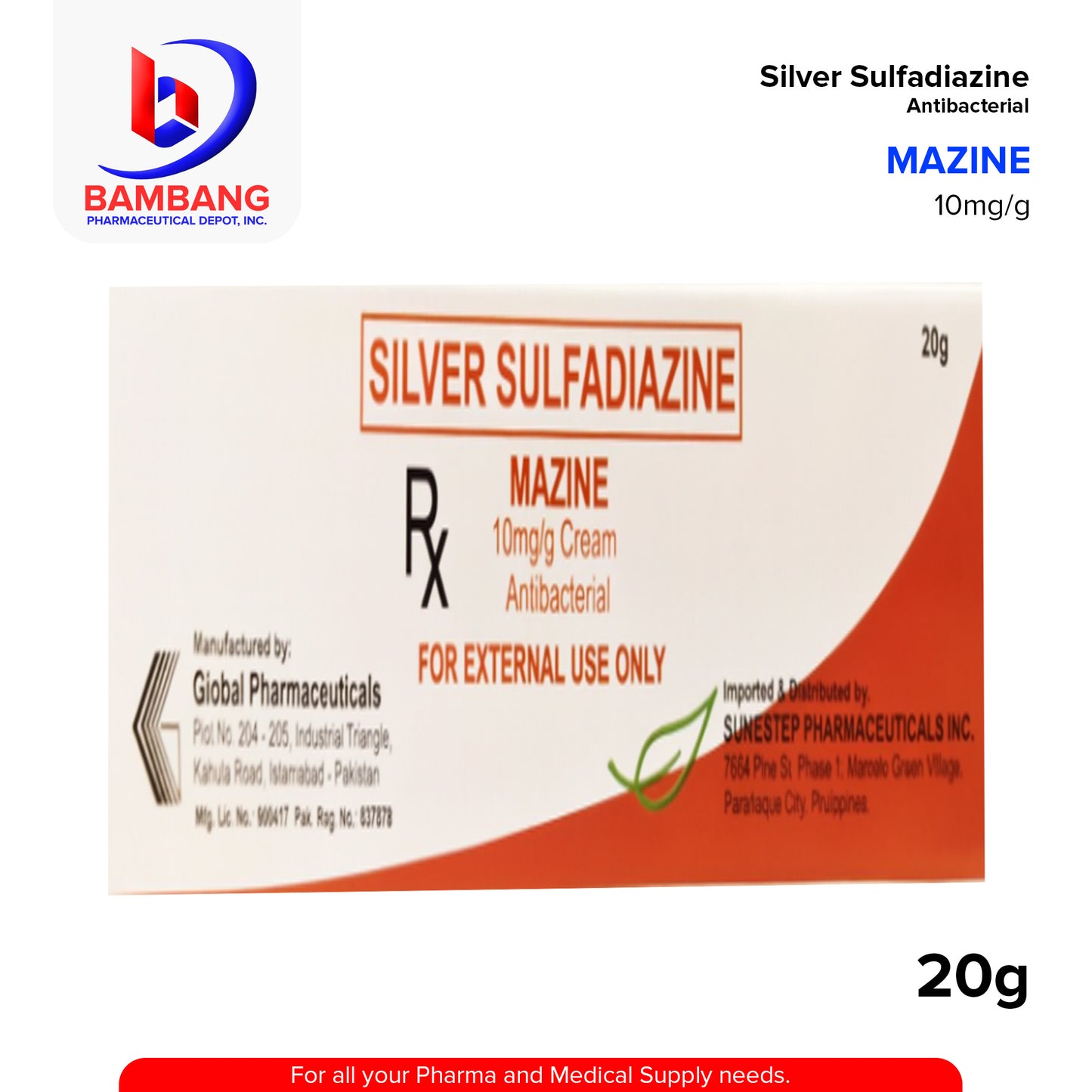 MAZINE Silver Sulfadiazine 10mg/g Cream Antibacterial 20g