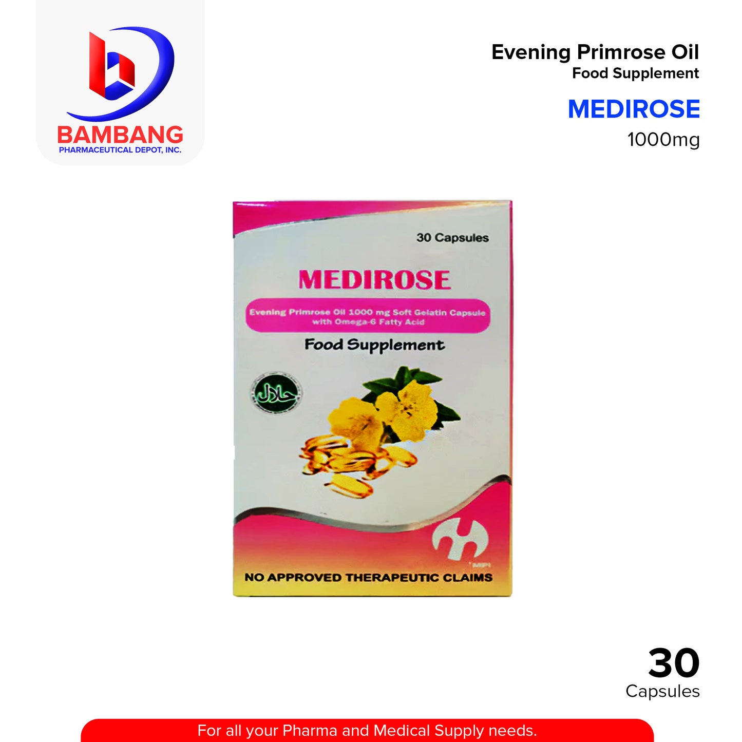 MEDIROSE Evening Primrose 1000mg Soft Gelatin Capsule with Omega 6 Fatty Acid Capsules 30's