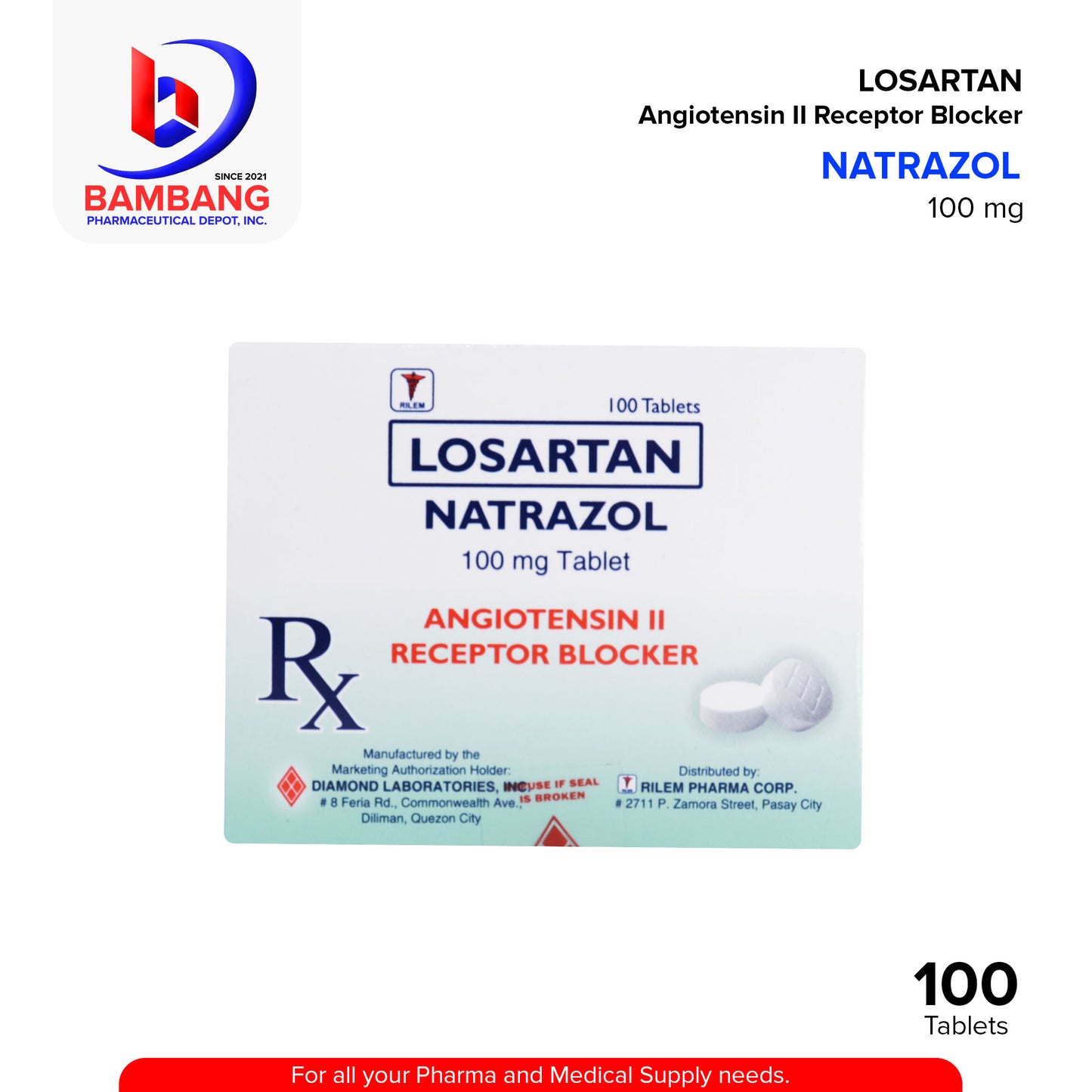 NATRAZOL Losartan Angiotensin II Receptor Blocker 100mg Tablet 100's