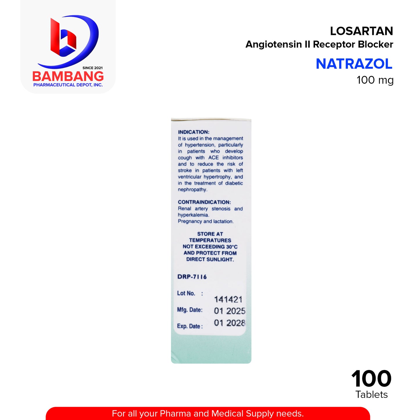 NATRAZOL Losartan Angiotensin II Receptor Blocker 100mg Tablet 100's
