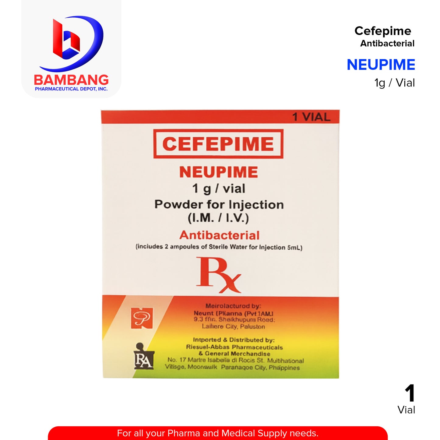 NEUPIME Cefepime 1g / Vial Powder for Injection (I.M/I.V) Vial 1's