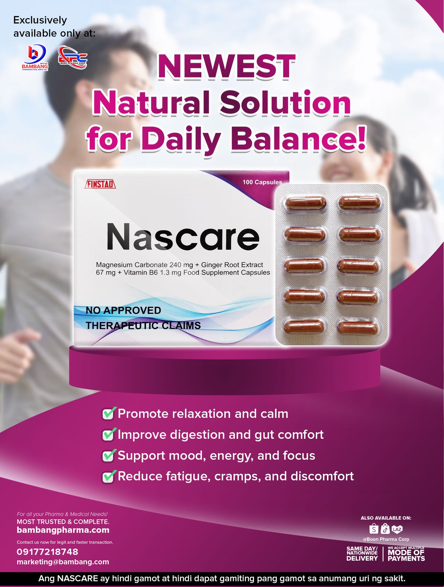 NASCARE Magnesium Carbonate 240 mg + Ginger Root Extract 67 mg + Vitamin B6 1.3 mg Food Supplement Capsule 100's
