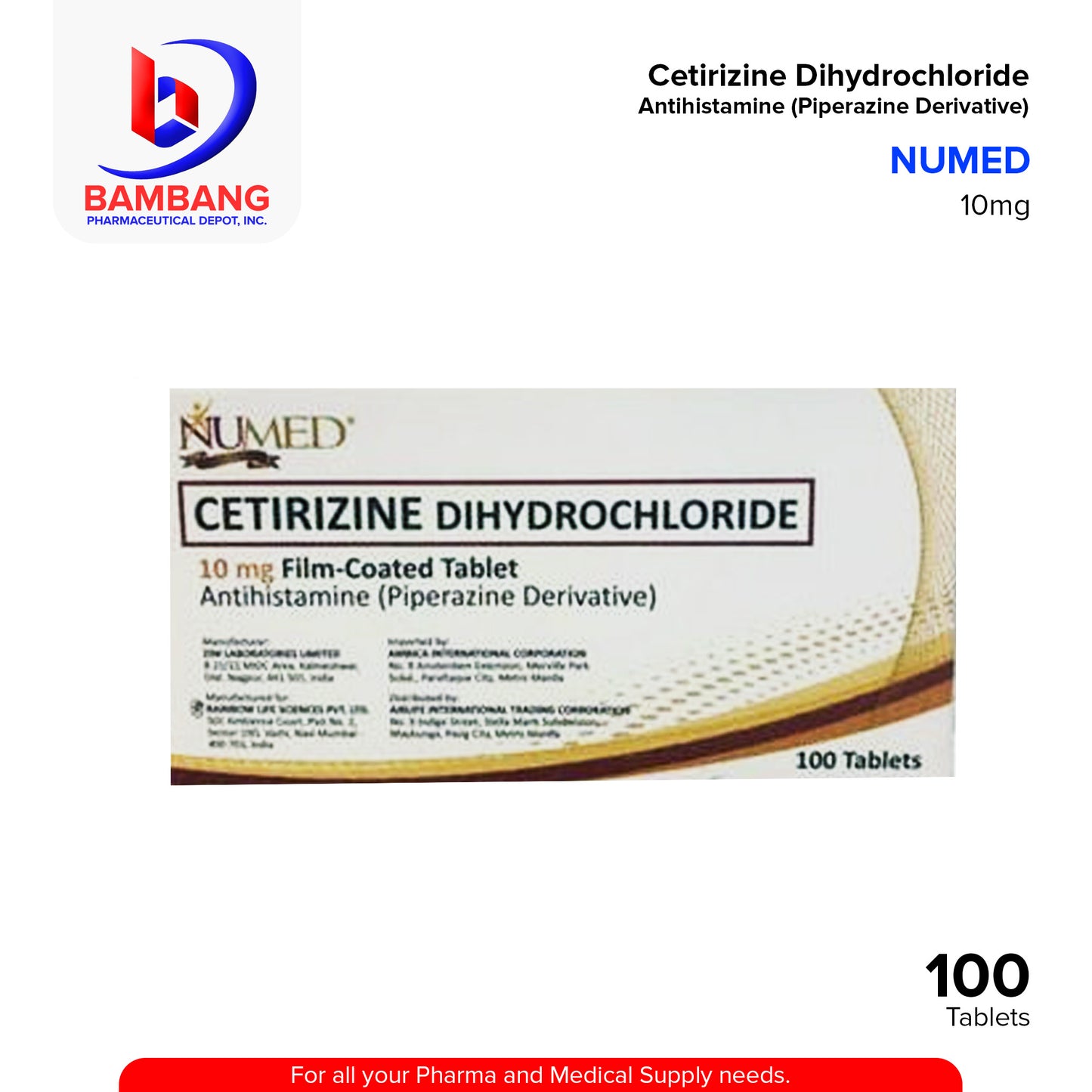 NUMED Cetirizine Dihydrochloride 10mg Film Coated Tablet 100's
