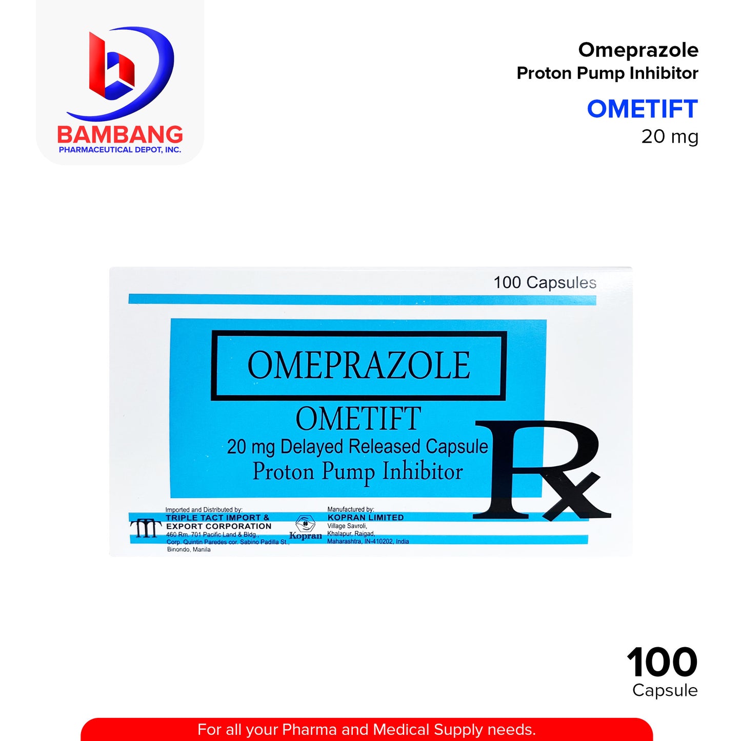 OMETIFT Omeprazole Proton Pump Inhibitor 20mg Delayed Released Capsule 100's