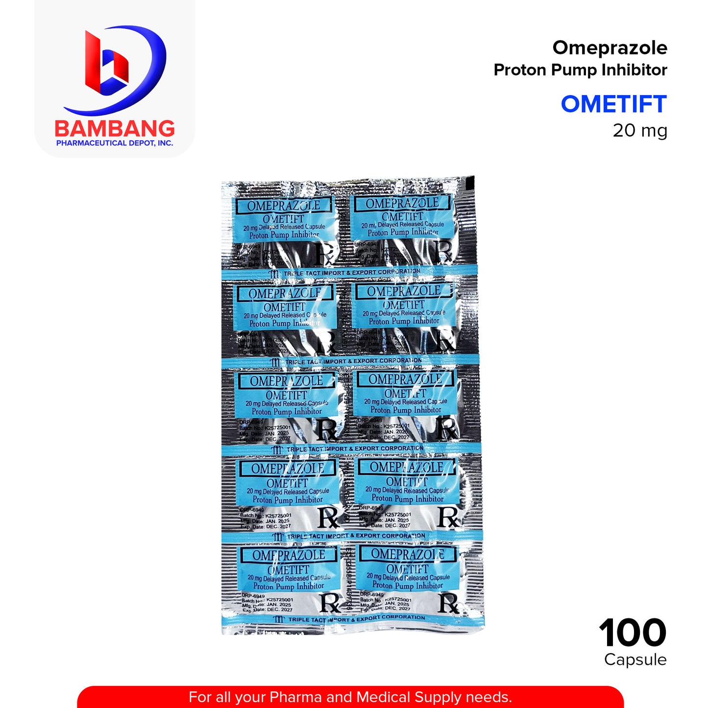 OMETIFT Omeprazole Proton Pump Inhibitor 20mg Delayed Released Capsule 100's