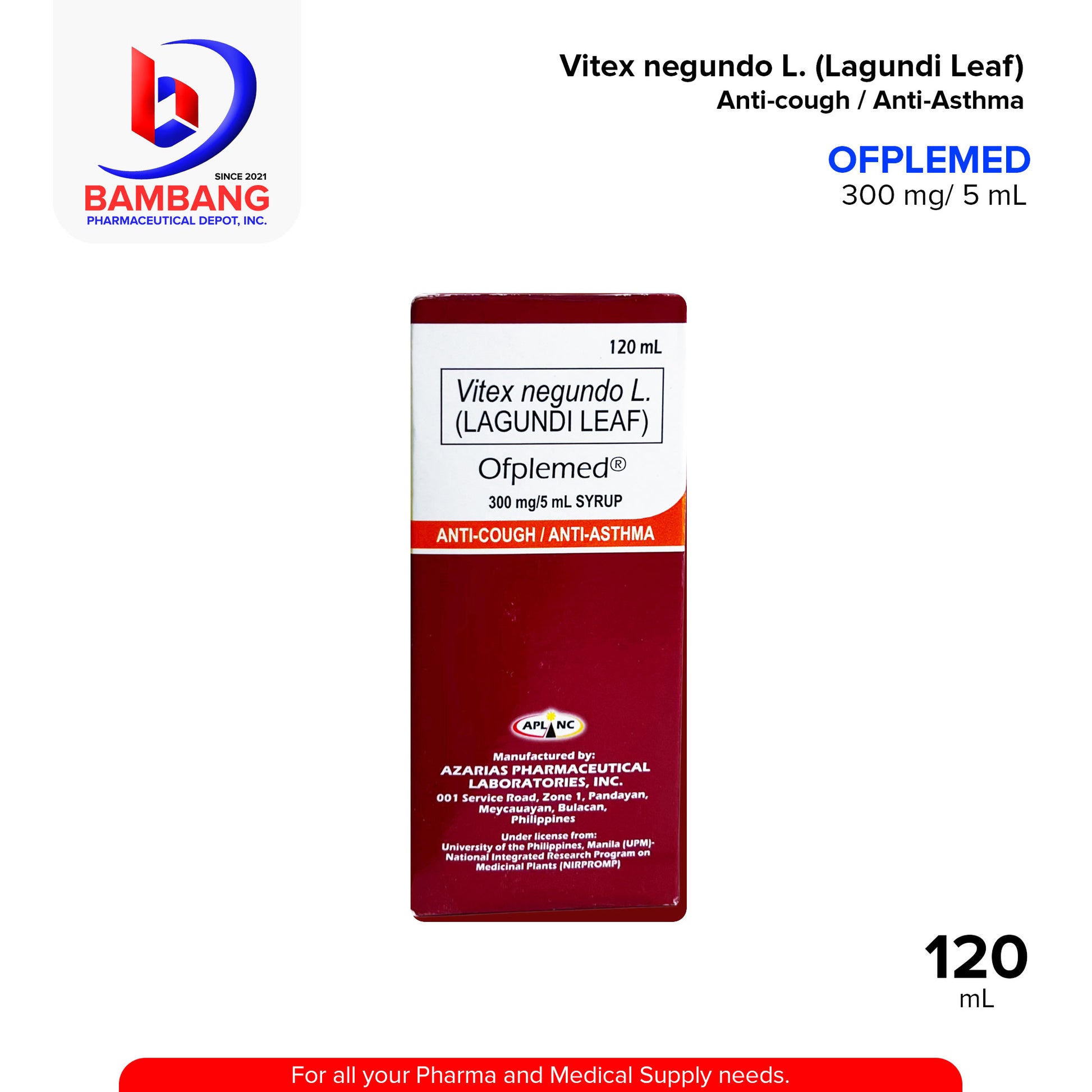 OPFLEMED Vitex Negundo L. Lagundi Leaf 300 mg / 5 mL Syrup Anti Cough / Anti Asthma For KIDS Orange Flavor 120 mL