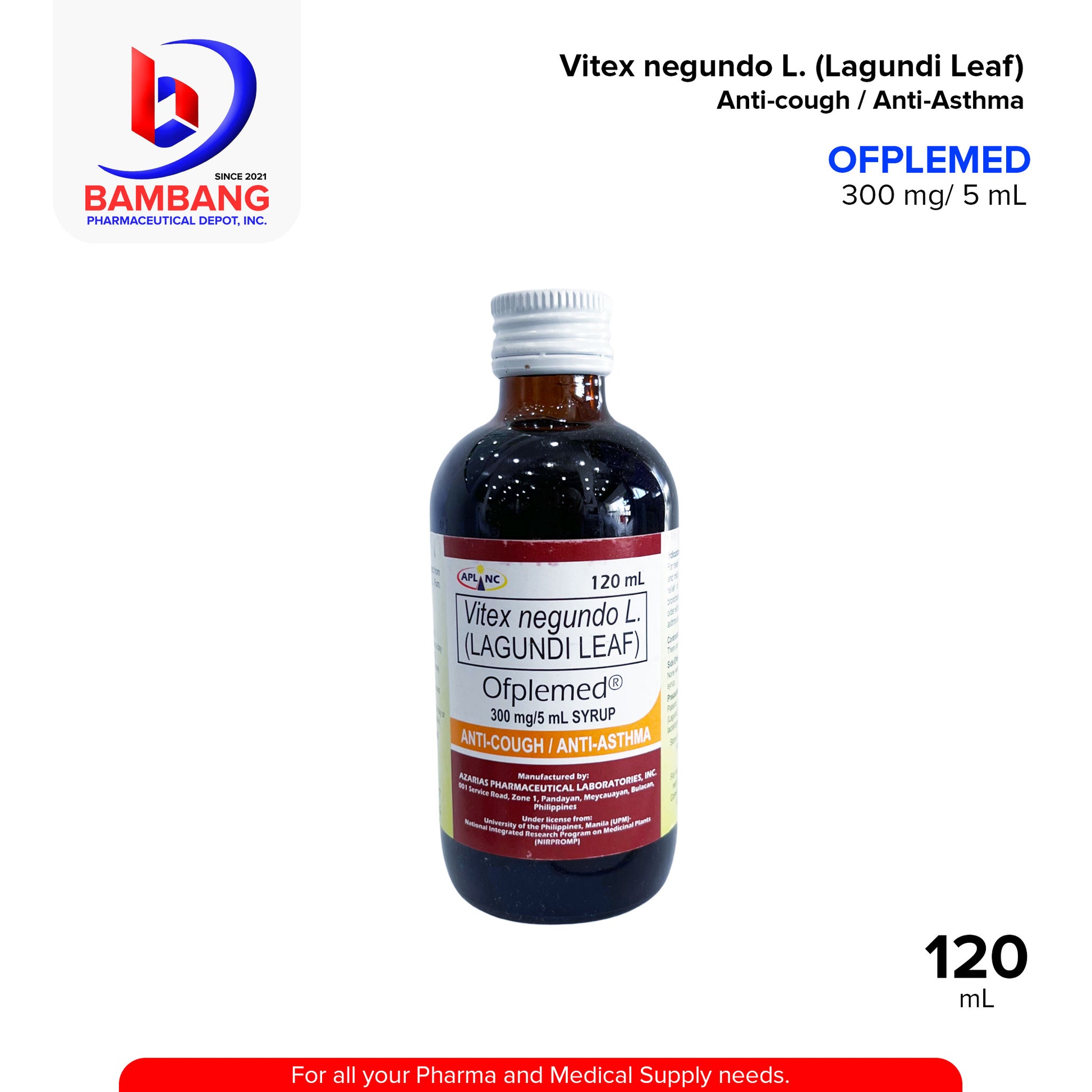 OPFLEMED Vitex Negundo L. Lagundi Leaf 300 mg / 5 mL Syrup Anti Cough / Anti Asthma For KIDS Orange Flavor 120 mL