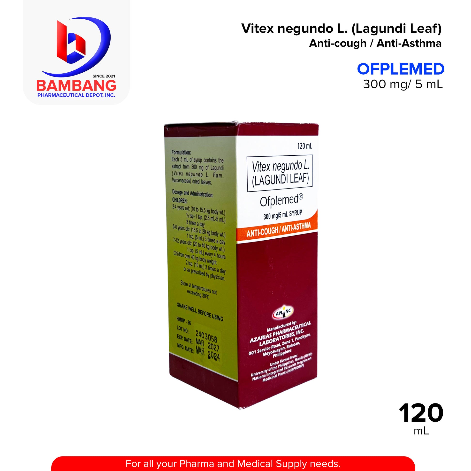 OPFLEMED Vitex Negundo L. Lagundi Leaf 300 mg / 5 mL Syrup Anti Cough / Anti Asthma For KIDS Orange Flavor 120 mL