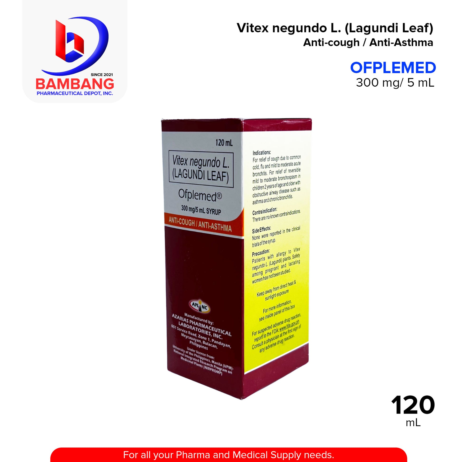 OPFLEMED Vitex Negundo L. Lagundi Leaf 300 mg / 5 mL Syrup Anti Cough / Anti Asthma For KIDS Orange Flavor 120 mL