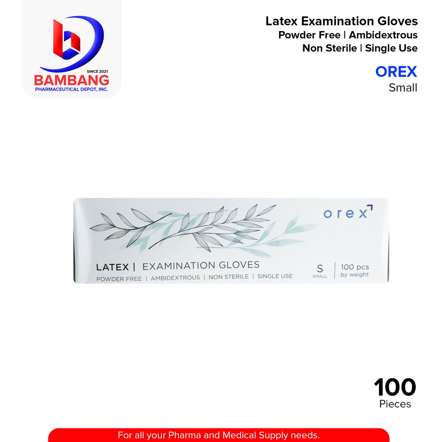 OREX Latex Examination Gloves Powder Free Ambidextrous Non Sterile Single Use Small 100PCS