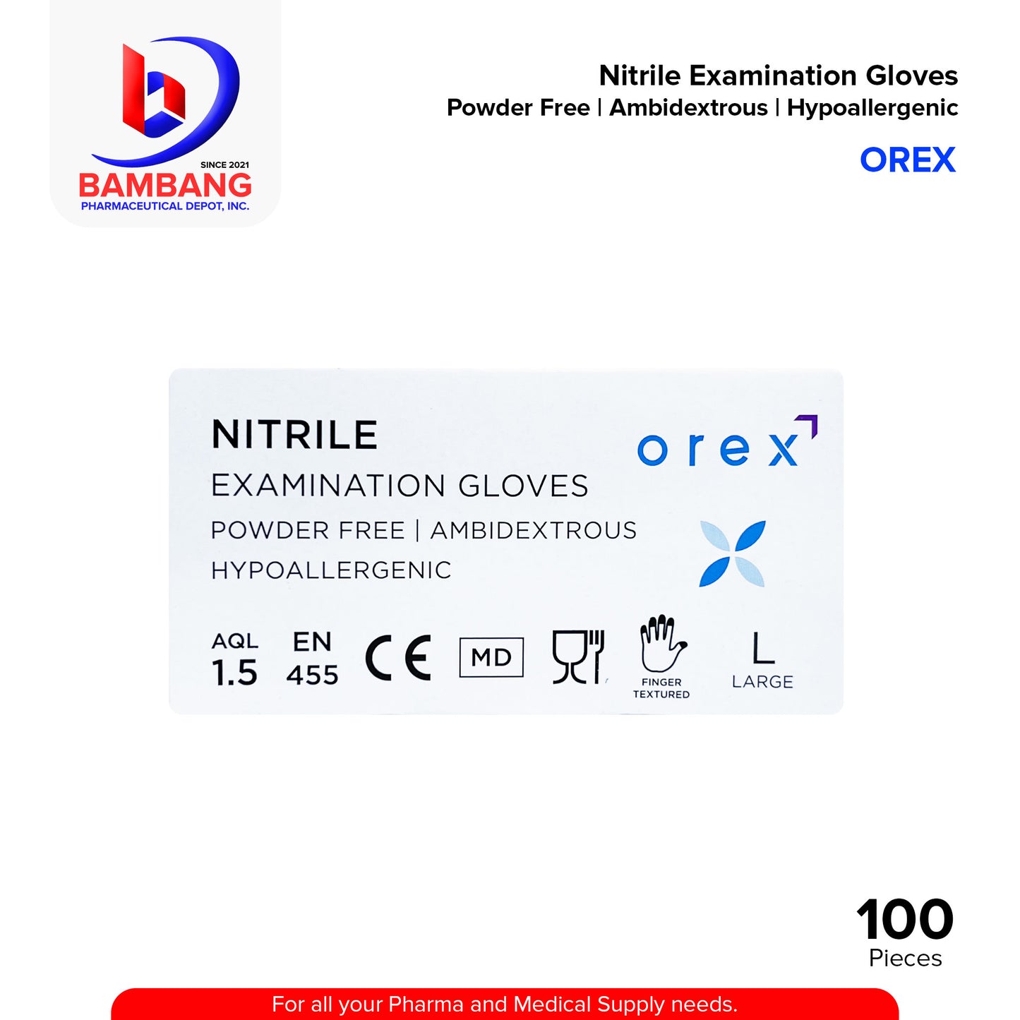 OREX Nitrile Examination Gloves Powder Free Ambidextrous Hypoallergenic Large Size 100's
