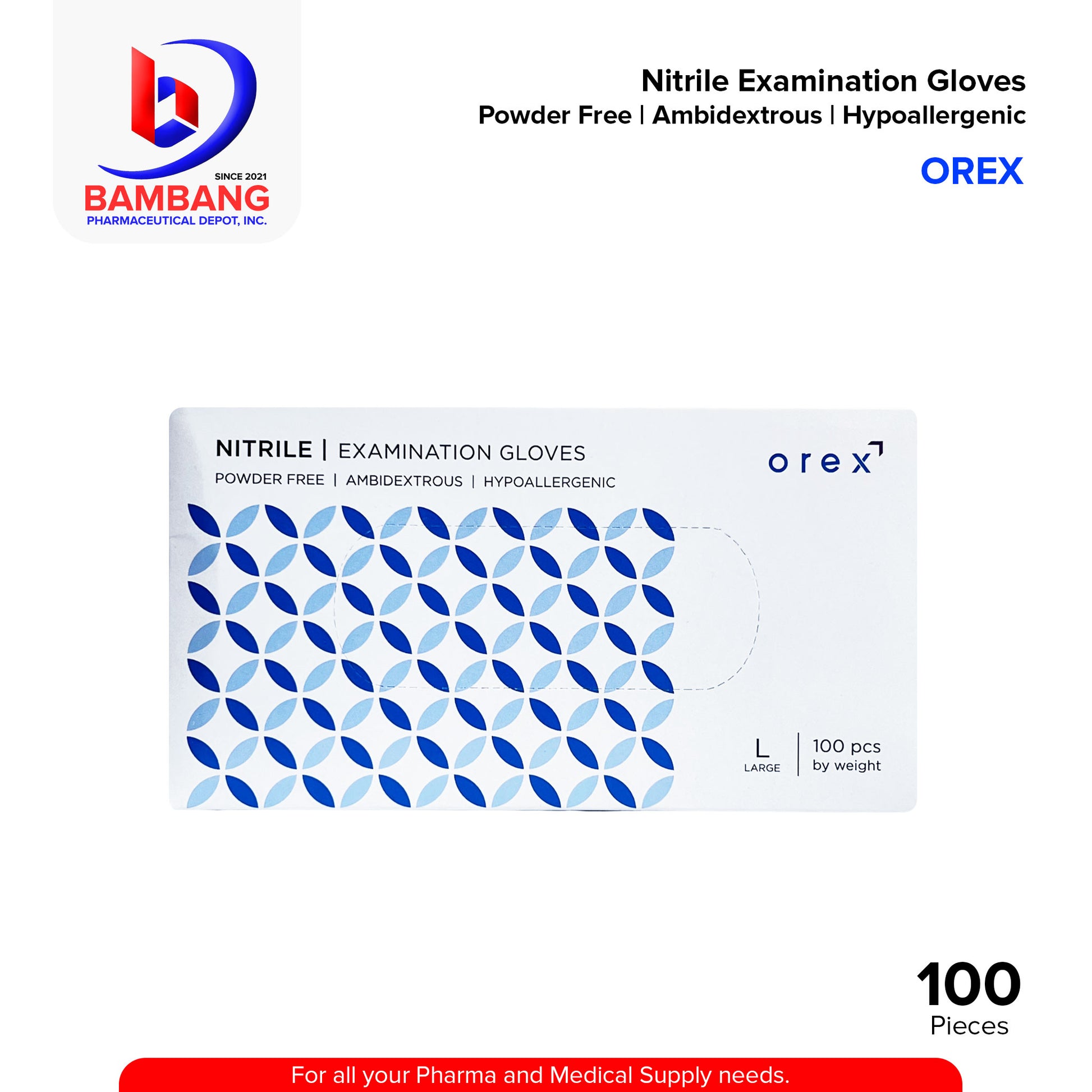 OREX Nitrile Examination Gloves Powder Free Ambidextrous Hypoallergenic Large Size 100's